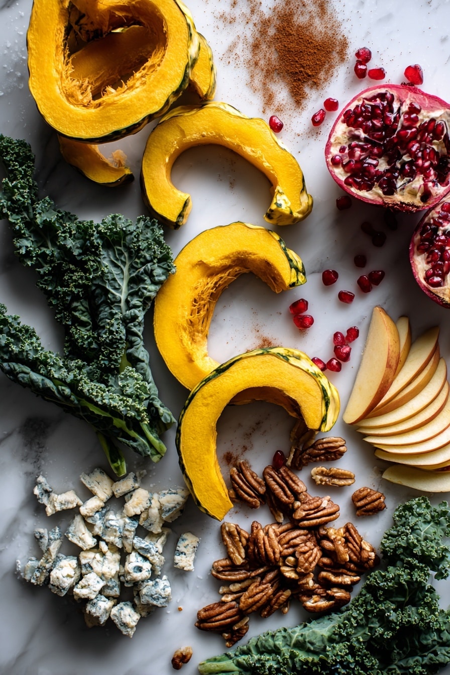 Flat lay of thinly sliced delicata squash with its yellow skin and pale orange flesh, vibrant curly green kale leaves with textured edges, fresh deep green baby spinach leaves, crisp golden apple chips, crumbled creamy white gorgonzola cheese with blue veins, coarsely chopped toasted pecans in rich brown hues, jewel-like bright red pomegranate arils scattered naturally, and a small pile of ground cinnamon with its warm reddish-brown color, all beautifully arranged with a touch of bright cranberry juice glistening nearby, placed on white marbled surface, photo taken with an iphone --ar 2:3 --v 7 - Thanksgiving Kale Salad with Cranberry Cinnamon Vinaigrette, holiday kale salad, festive fall salad recipe, healthier Thanksgiving side dish, cranberry cinnamon vinaigrette