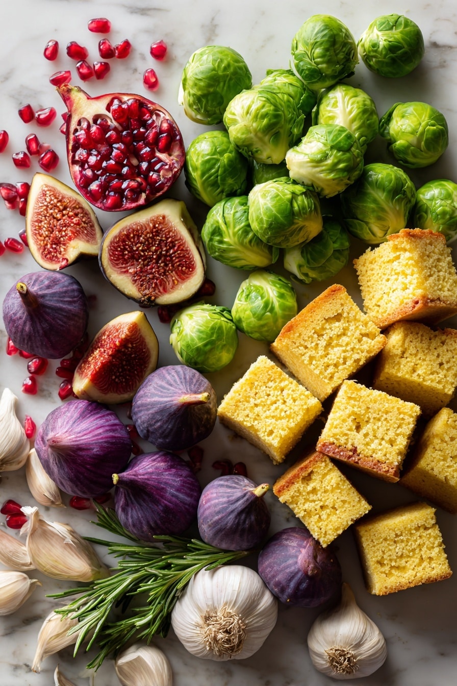 Flat lay of fresh halved Brussels sprouts with bright green, crisp leaves next to thick slices of golden yellow cornbread cut into cubes, scattered with rich, crispy pieces of brown bacon. Nearby, deep purple sliced fresh figs with their velvety texture are arranged beside clusters of jewel-like, translucent ruby red pomegranate arils. Fresh garlic cloves with white papery skins and smooth light tan surfaces lay casually nearby. These ingredients are naturally placed with a mix of colors and textures that create a vibrant, fresh and inviting scene, placed on white marbled surface, photo taken with an iphone --ar 2:3 --v 7 - Brussels Sprouts, Bacon, and Cornbread Panzanella Salad, Brussels Sprouts Bacon Cornbread Salad, Panzanella Salad with Brussels Sprouts and Bacon, Savory Brussels Sprouts Salad, Easy Fall Salad with Bacon and Cornbread