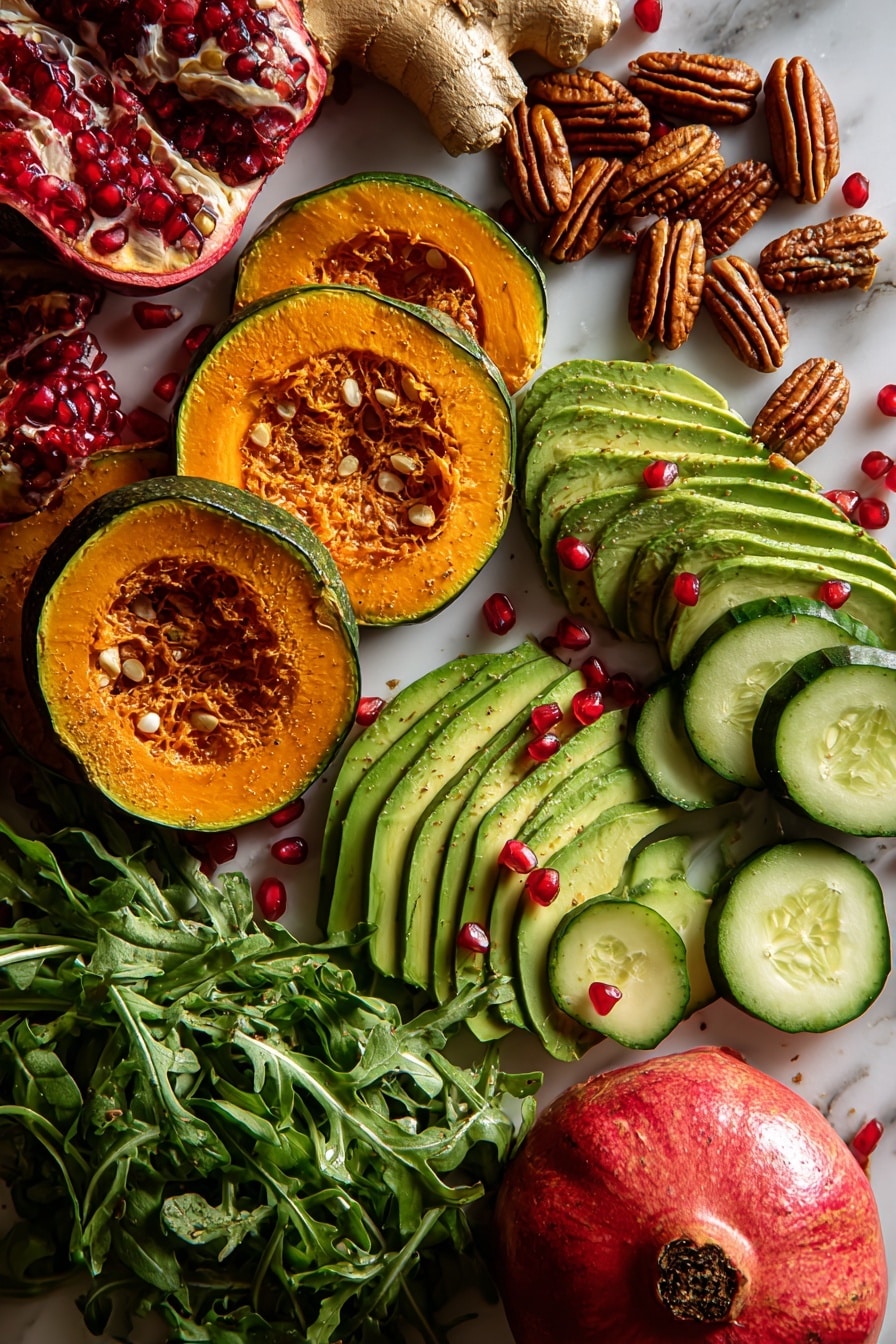 Flat lay of vibrant sliced acorn squash rounds in warm orange hues with smooth avocado slices in pale green, jewel-like ruby red pomegranate arils scattered artfully, fresh bright green baby arugula leaves with delicate texture, crisp light green cucumber slices arranged neatly, toasted golden pecans dusted with warm brown pumpkin pie spice, small fresh ginger root with its rough beige skin, and a whole shiny pomegranate showing its glossy deep red skin, all beautifully arranged with natural spacing and gentle overlaps placed on white marbled surface, photo taken with an iphone --ar 2:3 --v 7 - Autumn Arugula Salad with Roasted Acorn Squash, pomegranate, ginger vinaigrette, fall salads, seasonal vegetable salad