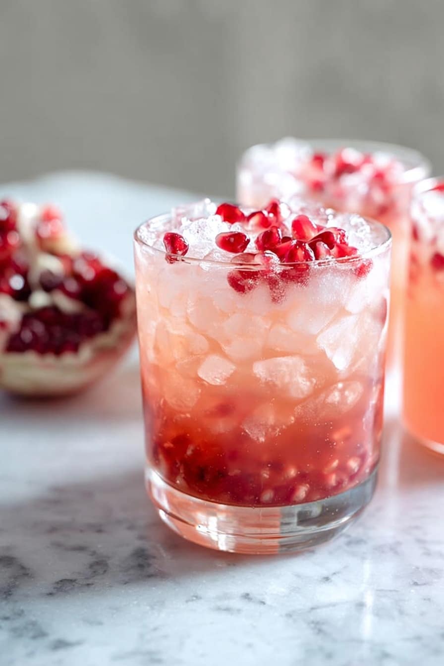 The image shows three clear glasses filled with crushed ice and topped with bright red cranberries. The liquid inside the glasses is a light pink color, slightly translucent. The background is a white marbled texture with a golden jar lid placed nearby. A part of a jar filled with more cranberries and liquid is seen on the right side. The setup is bright with soft natural light, highlighting the refreshment and coolness of the drinks. photo taken with an iphone --ar 2:3 --v 7 - Cranberry Cider Punch, festive punch recipes, autumn holiday drinks, easy holiday punch, cranberry cider cocktail