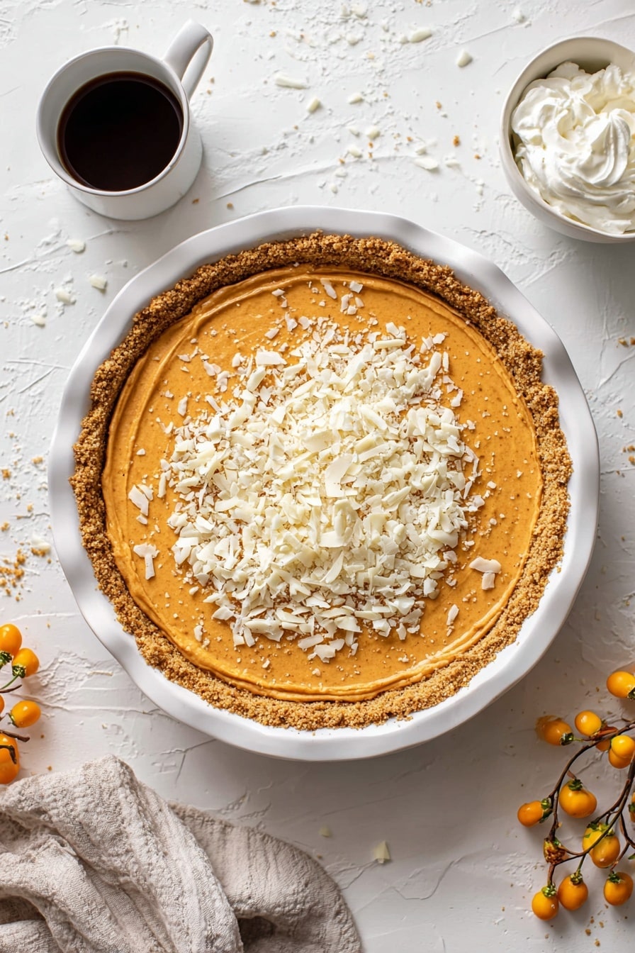 A slice of orange pumpkin pie sits on a white plate with a crumbly light brown crust at the base and sides. The pie filling layer is thick, smooth yet slightly textured with a soft orange color. On top of the filling, there is a sprinkling of white chocolate shavings that add texture and a contrast of color. The background is a clean white marbled surface, giving the image a bright and fresh look. Photo taken with an iphone --ar 2:3 --v 7 - Pumpkin White Chocolate Mousse Pie, fall dessert recipes, easy pumpkin pie, white chocolate dessert, creamy pumpkin mousse