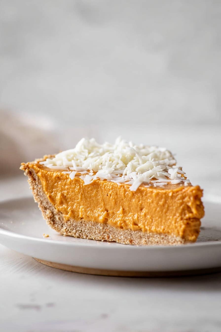 A slice of orange pumpkin pie with a crumbly, light brown crust is on a white plate. The top of the pie is decorated with white coconut flakes, showing three thick layers: the crust, the smooth orange pumpkin filling, and the coconut topping. Next to the pie slice is a dollop of white whipped cream sprinkled with brown nutmeg. A gold fork lies on the plate pointing towards the pie. The white marbled surface below adds a bright, clean background, with a small white pumpkin and scattered nutmeg nearby. photo taken with an iphone --ar 2:3 --v 7 - Pumpkin White Chocolate Mousse Pie, fall dessert recipes, easy pumpkin pie, white chocolate dessert, creamy pumpkin mousse