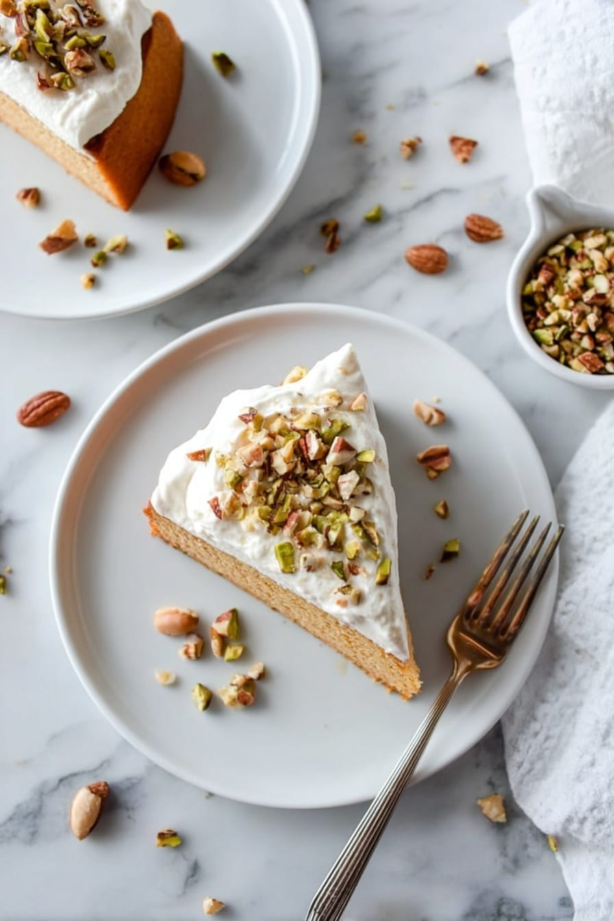 The image shows three white plates on a white marbled surface. Each plate holds a slice of light brown cake with a smooth texture. On top of each cake slice, there is a thick dollop of white whipped cream, sprinkled with small pieces of mixed nuts in various shades of brown and green. Around the plates, some loose nuts are scattered. Two gold forks rest on two of the plates, their handles pointing outward. There is also a small white bowl filled with the nut mixture near the top left side. A white cloth napkin is placed casually under one of the plates. Photo taken with an iphone --ar 2:3 --v 7 - Brown Sugar Pumpkin Cheesecake, Pumpkin Cheesecake with Pistachio Macaroon Crust, Fall Pumpkin Cheesecake, Pistachio Pumpkin Dessert, No-Bake Pumpkin Cheesecake