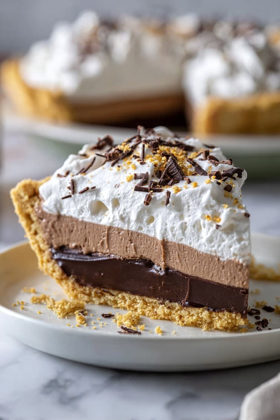 The image shows a pie with three visible layers. The bottom layer is a golden-brown crust that looks crisp and crumbly. On top of this is a smooth, light brown filling that appears creamy. The third layer is a thick topping of white whipped cream with soft, golden toasted peaks. Scattered all over the whipped cream are rough dark brown chocolate chunks and small shavings. The pie is placed on a white marbled surface with a slice slightly separated from the rest. Photo taken with an iphone --ar 2:3 --v 7 - Black Bottomed Pumpkin Pie with Marshmallow Frosting, pumpkin pie with chocolate crust, festive pumpkin dessert, marshmallow frosting pumpkin pie, layered pumpkin pie recipe