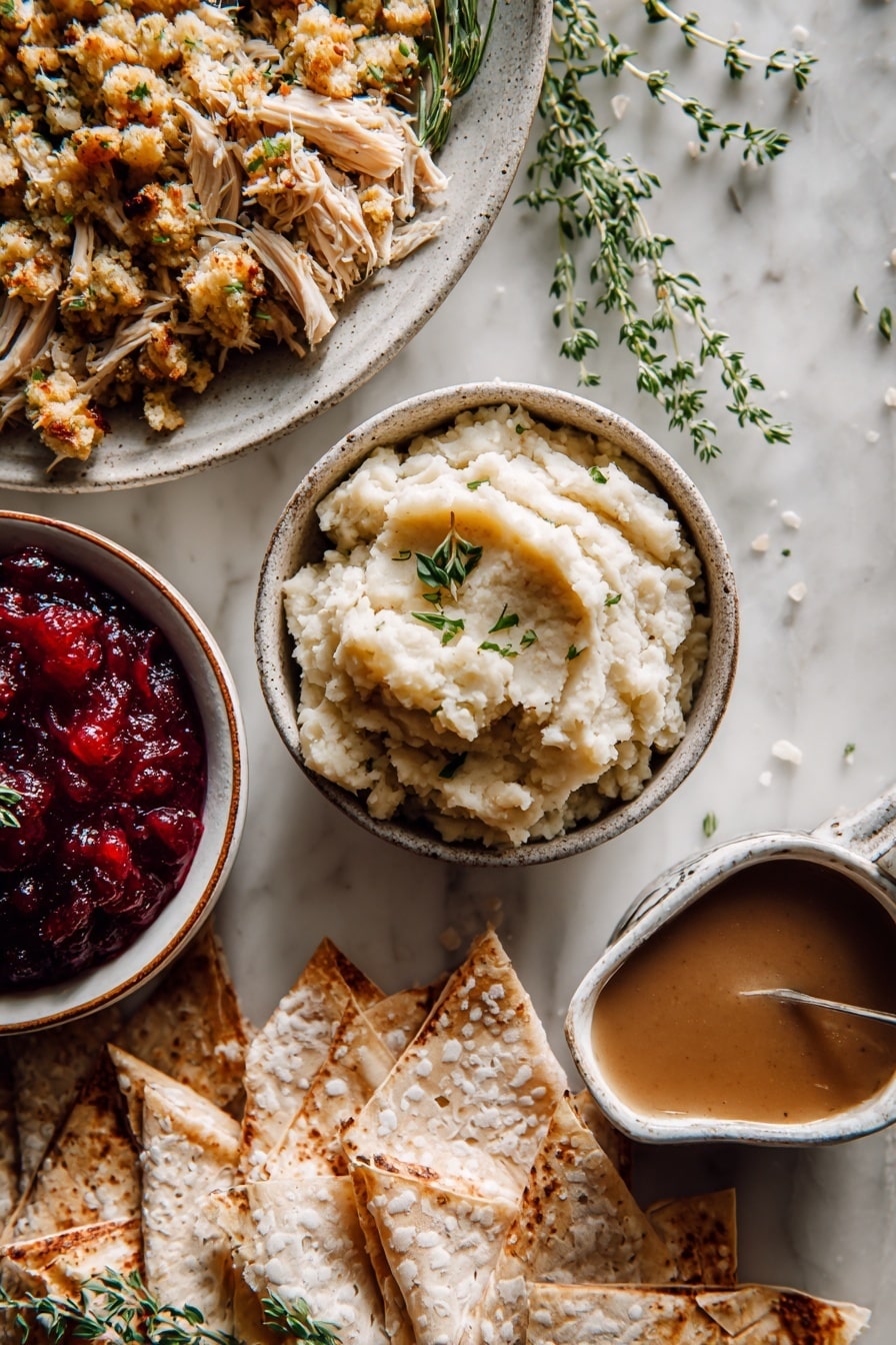 Flat lay of shredded roasted turkey in warm brown hues, fluffy creamy mashed potatoes with a smooth texture, vibrant deep red cranberry sauce glistening with natural shine, golden crumbly leftover stuffing with bits of herbs, thin translucent egg roll wrappers arranged in delicate diamond shapes showing their pale off-white color, small sprigs of fresh green herbs scattered for a pop of color, and a small pool of rich, glossy brown gravy, all beautifully arranged in gentle overlapping layers with natural light highlighting their textures and colors, placed on white marbled surface, photo taken with an iphone --ar 2:3 --v 7 - Thanksgiving Leftover Egg Rolls, leftover turkey egg rolls, crispy turkey leftover snacks, holiday leftover appetizers, easy Thanksgiving leftover recipes