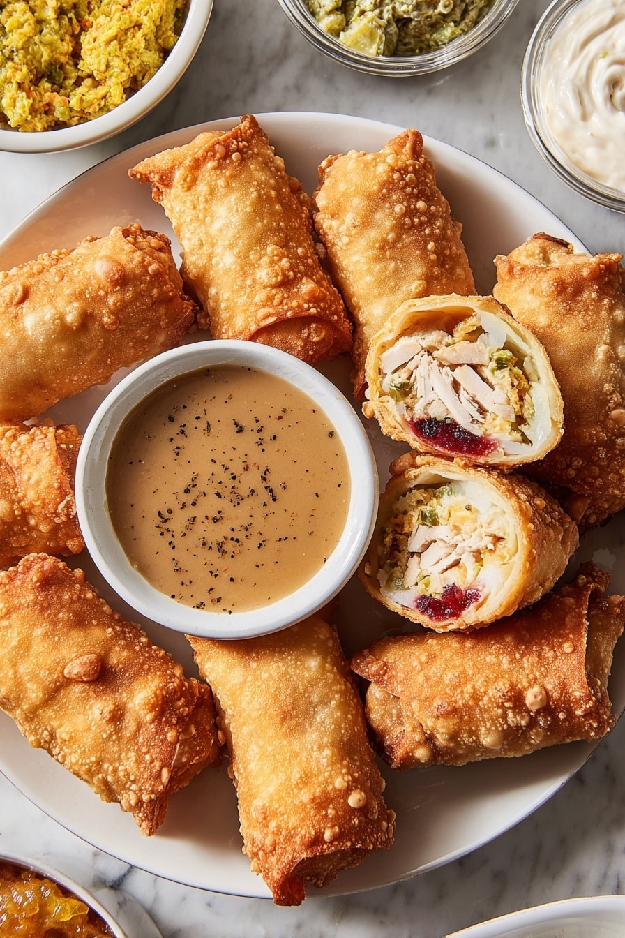 A white plate holds eight golden brown fried rolls with a lightly bubbled texture on their surface, arranged around a small white bowl filled with smooth, light brown gravy speckled with black pepper. Two of the rolls are cut in half, showing three visible layers inside: a bottom white creamy layer, a middle greenish stuffing, and a top red jelly-like layer, with some filling spilling out. The plate is set on a white marbled surface, and there are small clear containers with extra stuffing and sauces nearby. photo taken with an iphone --ar 2:3 --v 7 - Thanksgiving Leftover Egg Rolls, leftover turkey egg rolls, crispy turkey leftover snacks, holiday leftover appetizers, easy Thanksgiving leftover recipes