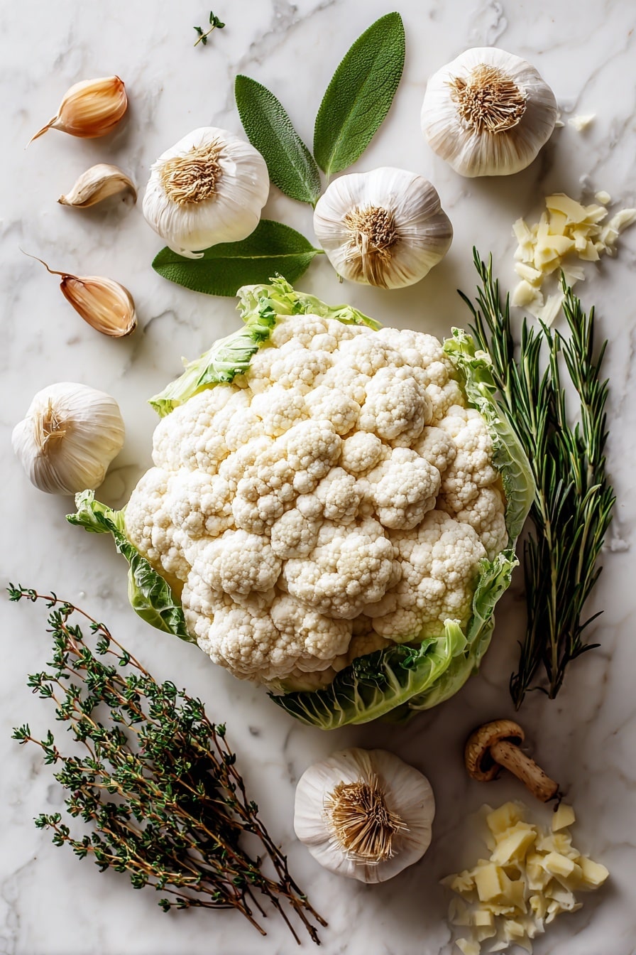 Flat lay of a large fresh white cauliflower head with tight, creamy florets, surrounded by whole garlic cloves with papery skins intact, vibrant green fresh sage leaves, woody sprigs of rosemary and thyme with soft, needle-like leaves, small golden-brown cremini mushrooms with smooth caps, finely chopped pale onion pieces, and a few pats of melted golden butter with a shiny texture, all naturally arranged with gentle shadows highlighting textures, placed on white marbled surface, photo taken with an iphone --ar 2:3 --v 7 - Thanksgiving Roasted Cauliflower with Herb Gravy, roasted cauliflower centerpiece, holiday vegetarian main dish, easy plant-based Thanksgiving recipe, herb gravy for vegetables