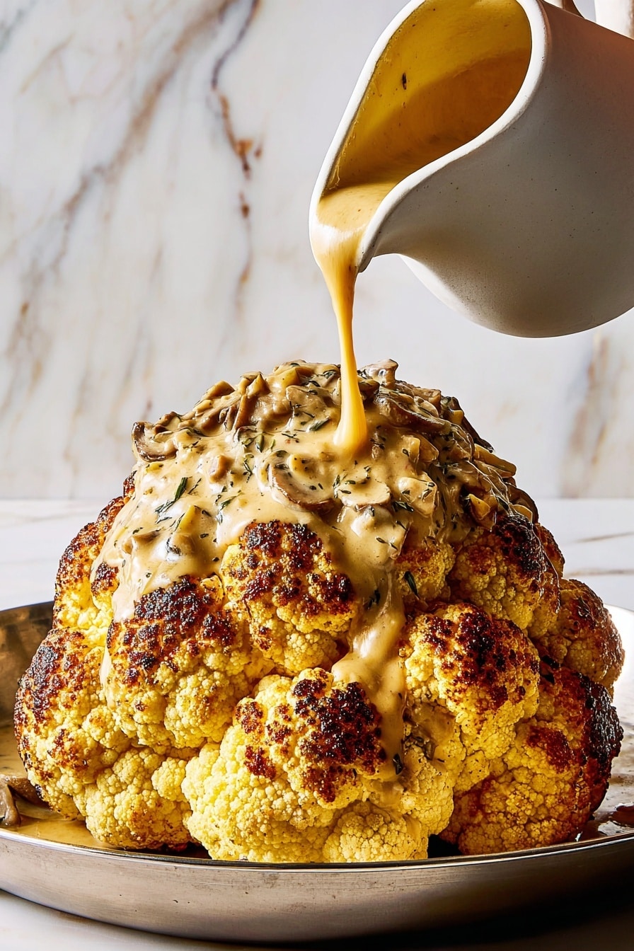 A whole roasted cauliflower sits in a dark pan with a slightly shiny surface, showing a golden-brown color on the tops of its many small, rounded florets. The cauliflower head is thick and compact, with a mix of creamy white and deep toasted brown spots spread evenly across its surface, giving it a textured look. Around the base of the cauliflower, you can see some sprigs of herbs and a clove of garlic, both resting on the pan's bottom. The cauliflower fills most of the pan, emphasizing its size, and the lighting highlights the browned, crispy parts of the vegetable. photo taken with an iphone --ar 2:3 --v 7 - Thanksgiving Roasted Cauliflower with Herb Gravy, roasted cauliflower centerpiece, holiday vegetarian main dish, easy plant-based Thanksgiving recipe, herb gravy for vegetables