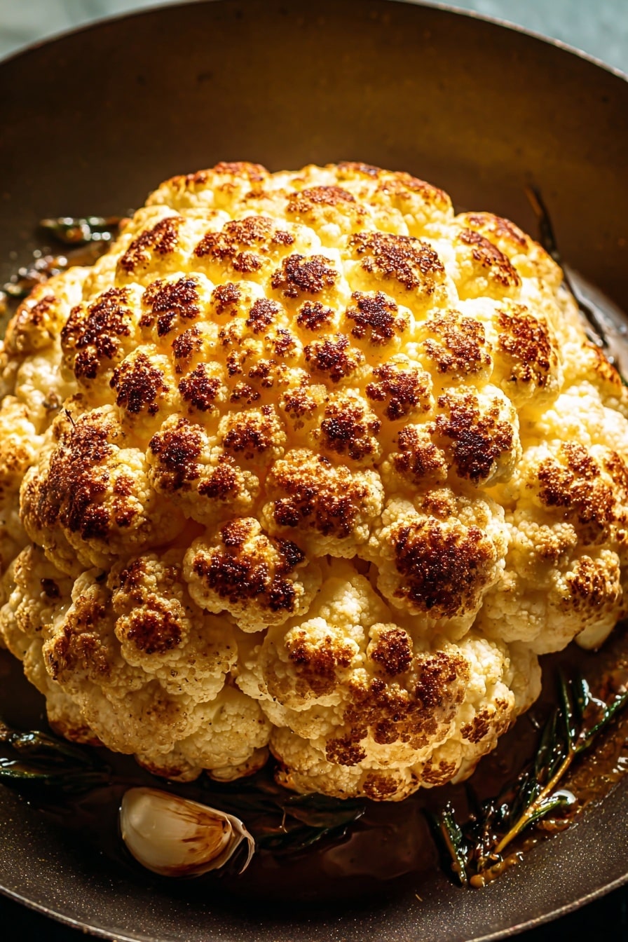 A large cauliflower steak is in the center of a worn silver pan, showing a thick white stem with branching creamy white florets turning golden brown from roasting, especially around the edges. Smaller roasted cauliflower pieces sit at the bottom of the pan. A pair of silver tongs holds the cauliflower steak upright, while a matching silver knife slides under it. The scene is set on a white marbled surface with soft natural light highlighting the textures and colors. photo taken with an iphone --ar 2:3 --v 7 - Thanksgiving Roasted Cauliflower with Herb Gravy, roasted cauliflower centerpiece, holiday vegetarian main dish, easy plant-based Thanksgiving recipe, herb gravy for vegetables