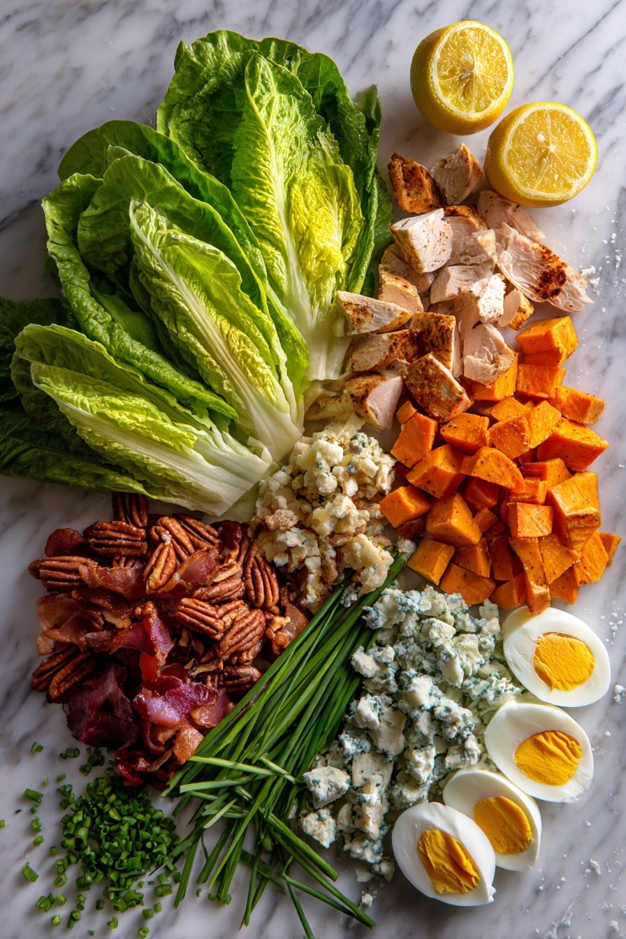 Flat lay of fresh romaine lettuce leaves in vibrant green, shredded roasted sweet potato chunks in warm orange tones, tender cooked turkey breast pieces with light golden edges, crisp cooked bacon slices showing deep reddish-brown color and slight gloss, halved hard-boiled eggs revealing bright yellow yolks and smooth white edges, raw toasted pecans with rich brown textures, crumbly blue cheese in creamy white with blue veins, finely sliced fresh green chives scattered delicately, and a halved fresh lemon showing its bright yellow juicy interior, placed on white marbled surface, photo taken with an iphone --ar 2:3 --v 7 - Thanksgiving Cobb Salad, Thanksgiving Cobb Salad Recipe, holiday salad ideas, festive Thanksgiving salads, easy holiday salad