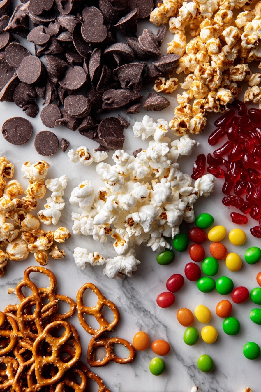 Flat lay of glossy dark semi-sweet chocolate chips scattered with clusters of fluffy white popped popcorn, golden-brown crunchy crushed pretzels, and colorful jelly beans in bright reds, greens, yellows, and oranges, all arranged naturally with a mix of smooth, crunchy, and shiny textures, placed on white marbled surface, photo taken with an iphone --ar 2:3 --v 7 - Charlie Brown Thanksgiving-Inspired Chocolate Bark, festive holiday chocolate bark, nostalgic holiday treats, easy chocolate bark recipe, popcorn pretzel candy