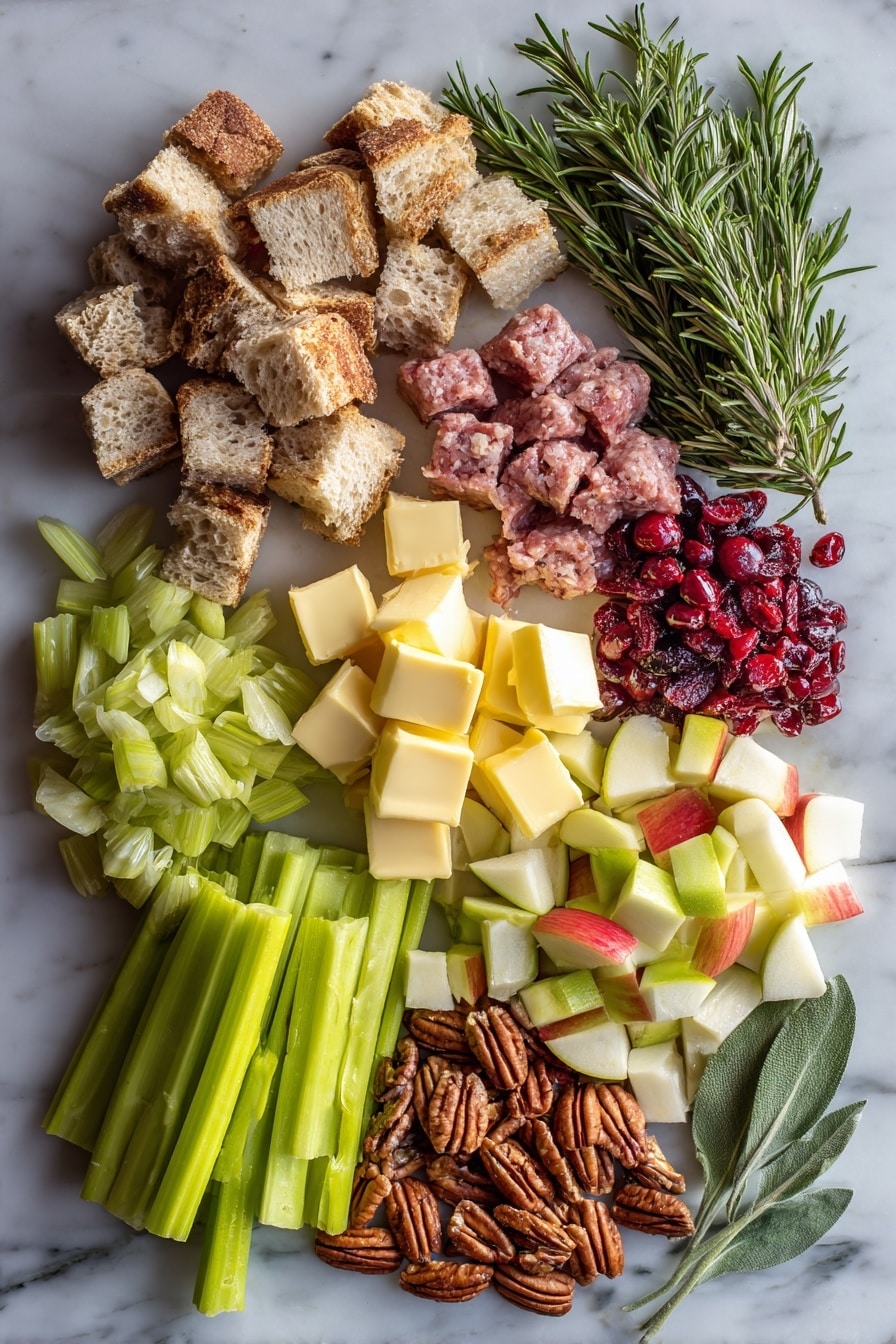 Flat lay of rustic bread cubes with a golden crust, pale yellow butter pieces, chopped bright green celery stalks, translucent chopped yellow onion, fresh honeycrisp apple chunks showing red and green skin with white flesh, fresh green rosemary sprigs, soft sage leaves with a muted green color, Italian sausage raw and pinkish with marbled fat, fresh flat-leaf parsley with vibrant dark green leaves, deep red dried cranberries, and rough-textured brown pecans, all beautifully arranged in a natural, slightly scattered pattern placed on white marbled surface, photo taken with an iphone --ar 2:3 --v 7 - Sheet Pan Stuffing with Apples, Sausage, Cranberries, and Pecans, Thanksgiving stuffing ideas, easy savory stuffing, holiday side dishes, one-pan stuffing