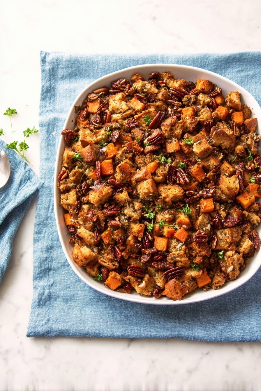 A large metal baking sheet filled with a mix of browned cubed bread pieces, chopped nuts, small orange carrot chunks, and bits of green herbs scattered throughout, creating a textured, crunchy topping. The baking sheet rests on a white marbled surface, with a soft blue cloth draped beside it and small decorative orange pumpkins placed around. The overall colors are warm browns, orange, and green, showing a cozy, rustic dish. photo taken with an iphone --ar 2:3 --v 7 - Sheet Pan Stuffing with Apples, Sausage, Cranberries, and Pecans, Thanksgiving stuffing ideas, easy savory stuffing, holiday side dishes, one-pan stuffing