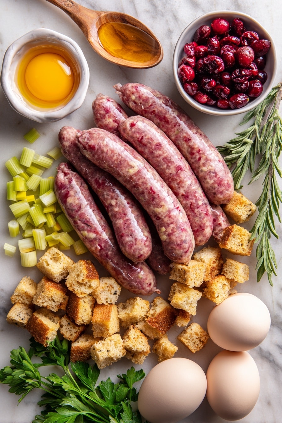 Flat lay of plump raw sweet Italian sausage links with their speckled pink and white texture, bright yellow chopped onion pieces, crisp pale green celery stalks cut into small chunks, fresh vibrant green parsley leaves scattered delicately, whole bright red cranberries with a glossy shine, a small heap of golden honey glistening in a spoonful, a mound of soft dried bread stuffing cubes with a warm beige tone, and smooth whole eggs with clean white shells, all beautifully arranged in a natural, slightly overlapping pattern, placed on white marbled surface, photo taken with an iphone --ar 2:3 --v 7 - Sausage Stuffing Bites with Cranberry Sauce, holiday appetizer recipes, easy holiday party snacks, savory stuffing balls, cranberry sauce appetizer