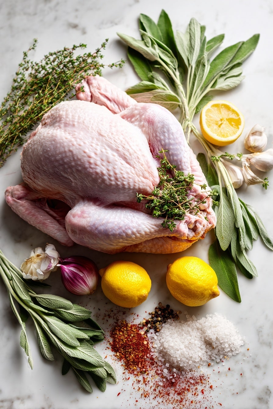 Flat lay of a plump whole raw turkey with pale pink skin and smooth texture, surrounded by fresh green sage and thyme sprigs with delicate leaves, quartered bright yellow lemon wedges shining with juicy freshness, a halved head of garlic showing creamy white cloves, a small shallot with purple-tinged layers, and a scattering of deep red paprika powder and coarse brown sugar crystals adding rich color contrast, all arranged naturally with soft shadows, placed on white marbled surface, photo taken with an iphone --ar 2:3 --v 7 - Oven-Roasted Herb-Seasoned Turkey, herb roasted turkey, juicy turkey roast, festive turkey recipe, flavorful turkey preparation