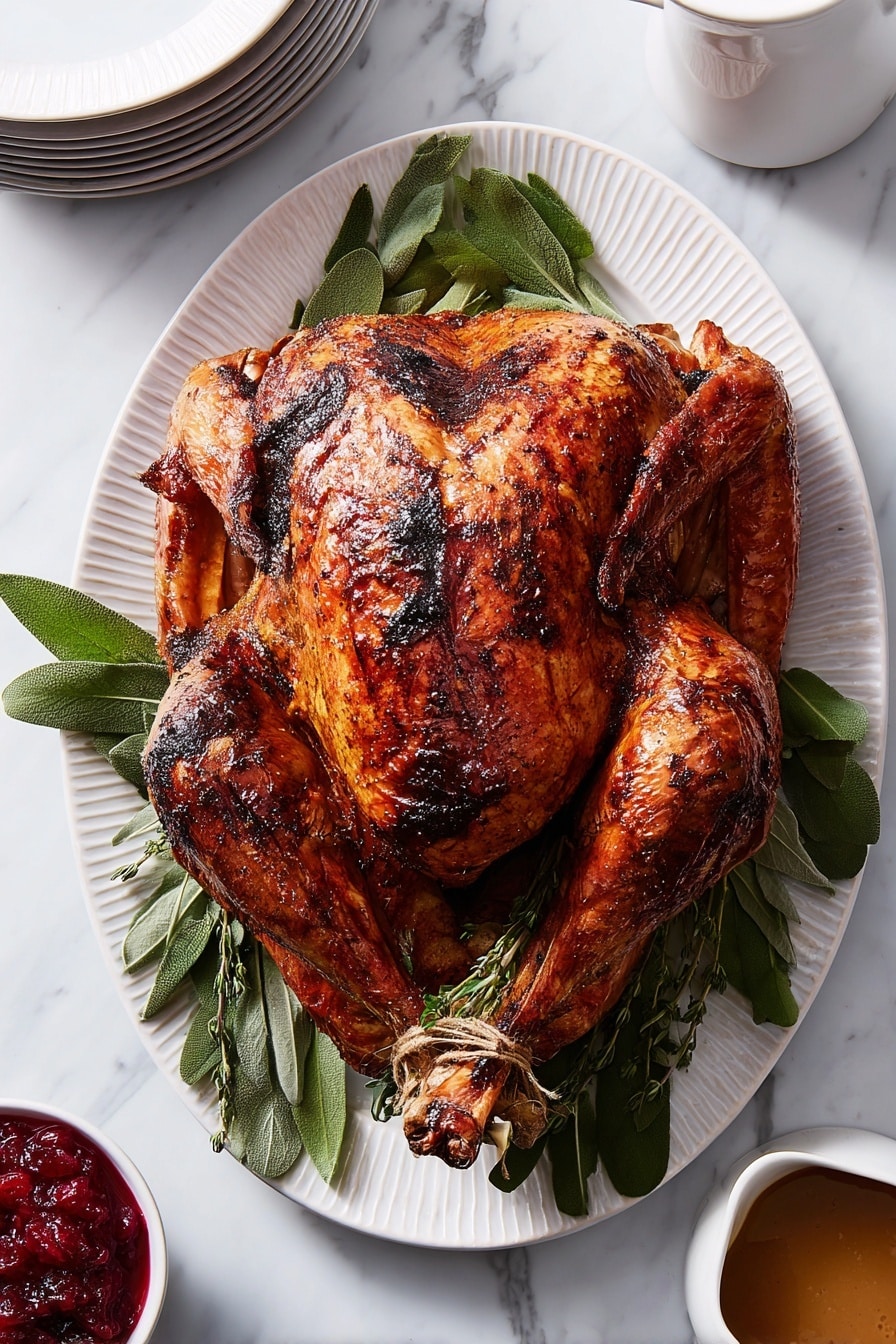 A whole roasted turkey with dark, crispy golden brown skin sits on a white plate. The turkey is plump, showing a smooth, shiny texture from roasting, with some slightly darker charred spots. Around the turkey, there are fresh green herb leaves, including sage and thyme, adding a touch of natural green color contrast. The plate rests on a white marbled surface, and two silver forks are placed at the front left corner. The background is a soft beige color that highlights the turkey as the main focus. Photo taken with an iphone --ar 2:3 --v 7 - Oven-Roasted Herb-Seasoned Turkey, herb roasted turkey, juicy turkey roast, festive turkey recipe, flavorful turkey preparation