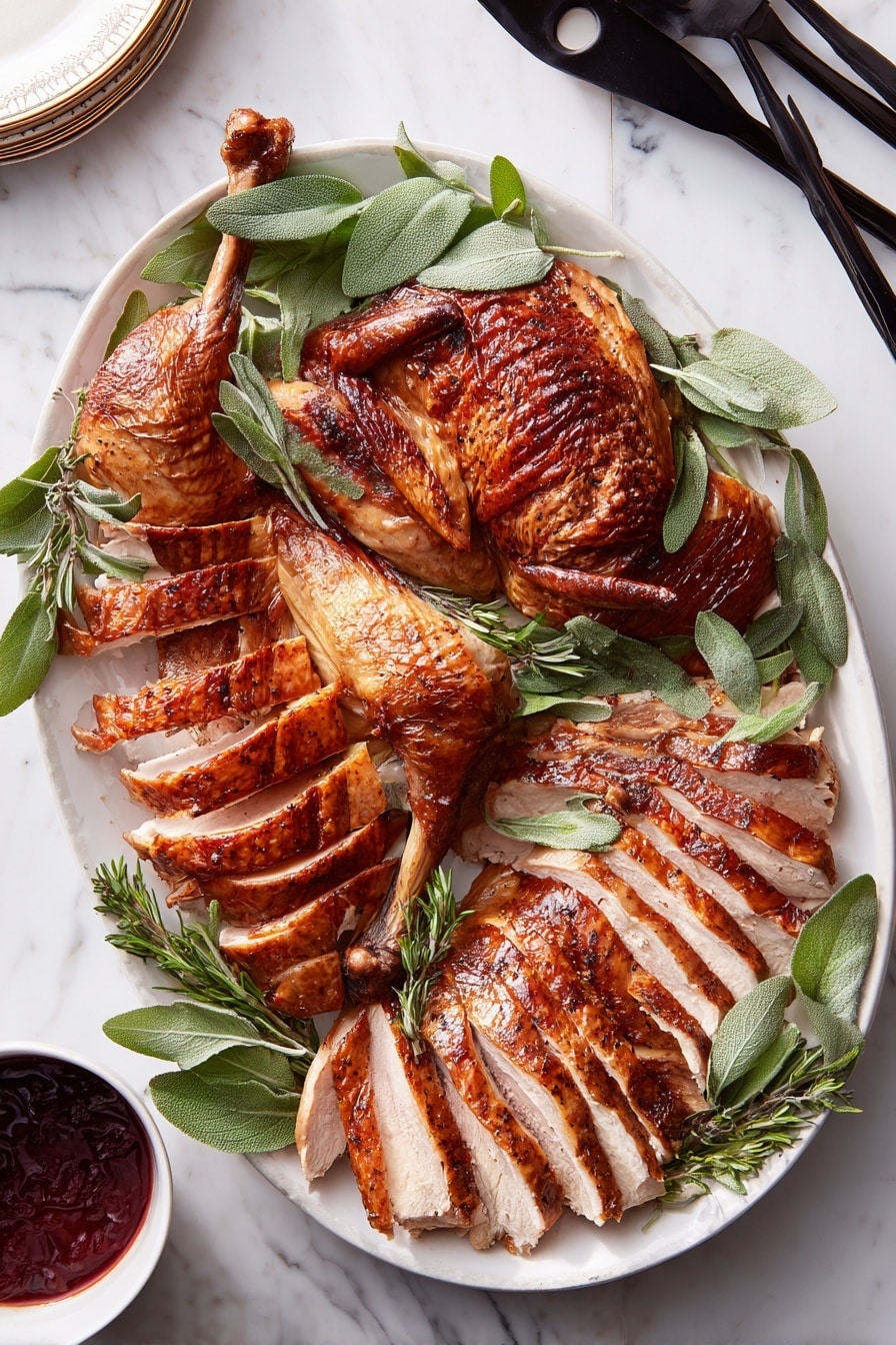A whole roasted chicken with crispy, dark golden-brown skin featuring some darker charred spots sits centered on a white oval plate with a subtle ridge texture on the edge. Beneath and around the chicken, large emerald green sage leaves and small sprigs of fresh thyme create a base layer of green. The chicken’s legs are tied together with a visible kitchen string, and the cavity is filled with more sage leaves. To the right side of the plate is a white gravy boat filled with smooth brown gravy. In the bottom left corner, part of a bowl of deep red cranberry sauce is visible. The background surface has a clean white marbled texture with a stack of white plates near the top left. Shiny silver carving utensils rest on the bottom right edge, holding small sprigs of thyme. Photo taken with an iphone --ar 2:3 --v 7 - Oven-Roasted Herb-Seasoned Turkey, herb roasted turkey, juicy turkey roast, festive turkey recipe, flavorful turkey preparation