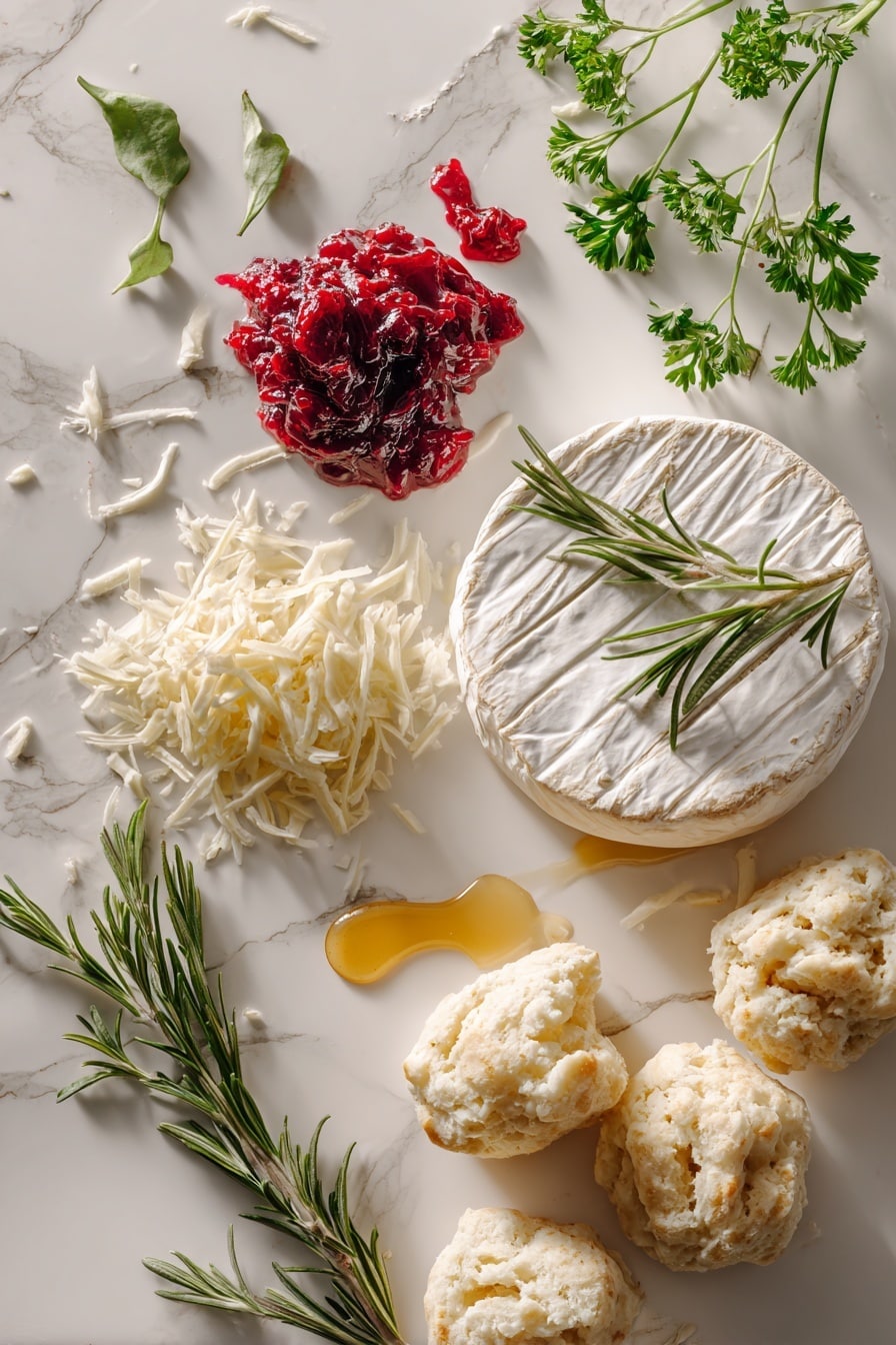 Flat lay of a whole round of creamy brie cheese with its smooth, pale rind and soft interior slightly exposed, a small pile of bright red, glossy cranberry sauce beside it, shredded white cheddar cheese with fine, thin curls, a fresh green rosemary sprig with needle-like leaves, a drizzle of golden honey glistening in a small stream, fresh green parsley leaves with delicate, feathery texture, and a handful of golden, flaky biscuit dough balls showing soft, pillowy layers, all naturally scattered and gently overlapping, placed on white marbled surface, photo taken with an iphone --ar 2:3 --v 7 - Cranberry Brie Biscuit Dip, festive appetizer, easy holiday dip, cheesy cranberry dip, warm holiday appetizer
