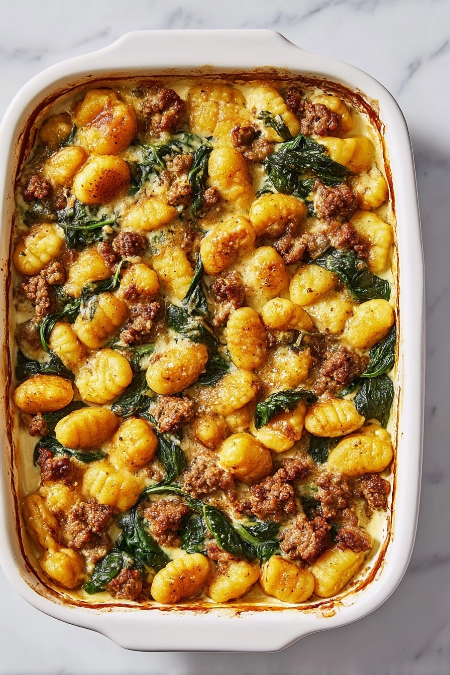 This dish shows a white baking dish filled with golden-brown gnocchi, browned sausage pieces, and wilted dark green spinach leaves mixed in a creamy sauce. The top layer has the gnocchi and sausage crisped with a slight shine from the sauce, and a spoon is scooping a portion, revealing a creamy textured bottom layer with more spinach and sausage. The edges of the dish have a slightly browned crust from baking, and the whole dish rests on a white marbled surface. photo taken with an iphone --ar 2:3 --v 7 - Gnocchi Sausage and Spinach Stuffing, hearty stuffing with gnocchi, savory sausage and spinach dish, comforting easy gnocchi casserole, flavorful Italian sausage stuffing