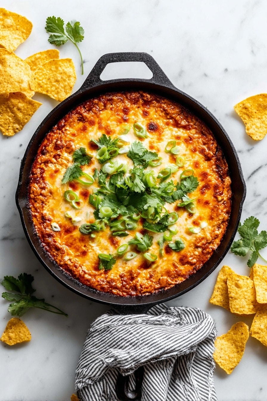A round black cast iron pan filled with a two-layer dip is placed on a white marbled surface. The bottom layer is a rich, reddish-orange layer of cooked sauce, topped by a golden brown melted cheese layer with slightly crispy edges. The dip is garnished with bright green cilantro leaves and slices of light green scallions scattered on top. Around the pan, some yellow tortilla chips are scattered, and a striped gray cloth is wrapped around the pan’s handle. The scene is bright and clean. Photo taken with an iphone --ar 2:3 --v 7 - Bubbly Hot Chicken Enchilada Bean Dip, spicy party dip, cheesy bean dip, easy appetizer recipe, crowd-pleasing party dip