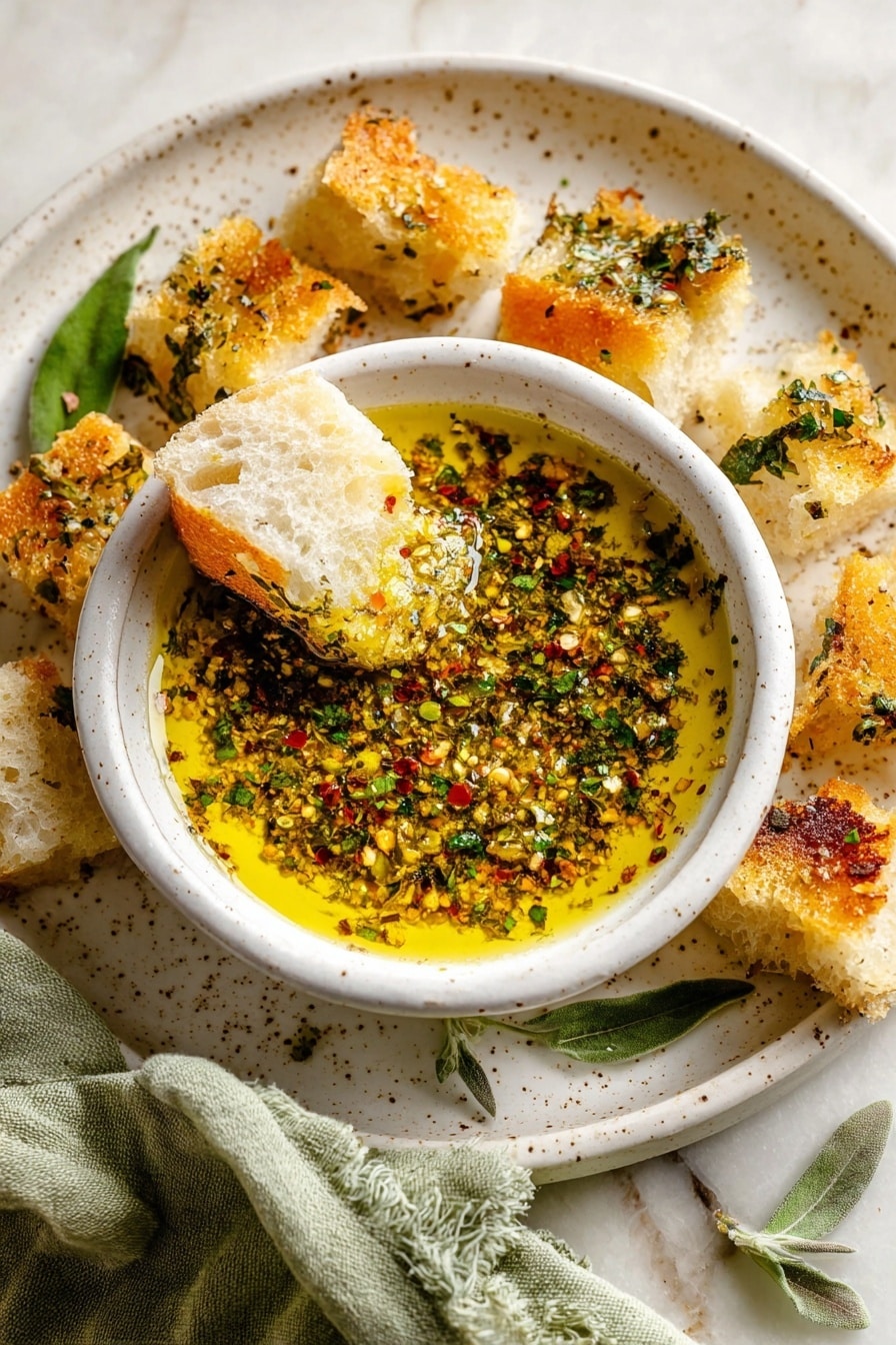 A white bowl filled with a yellow olive oil dip topped with small green herb pieces, red chili flakes, and small bits of garlic, sitting on a white speckled plate. Around the plate, there are many pieces of light golden-brown focaccia bread with a soft, porous texture, some topped with small rosemary sprigs. The background is a white marbled surface with a soft green cloth partially visible on the right side. Photo taken with an iphone --ar 2:3 --v 7 - Garlic Olive Oil Dip, easy garlic dip, flavorful bread dip, Mediterranean olive oil dip, quick appetizer dips
