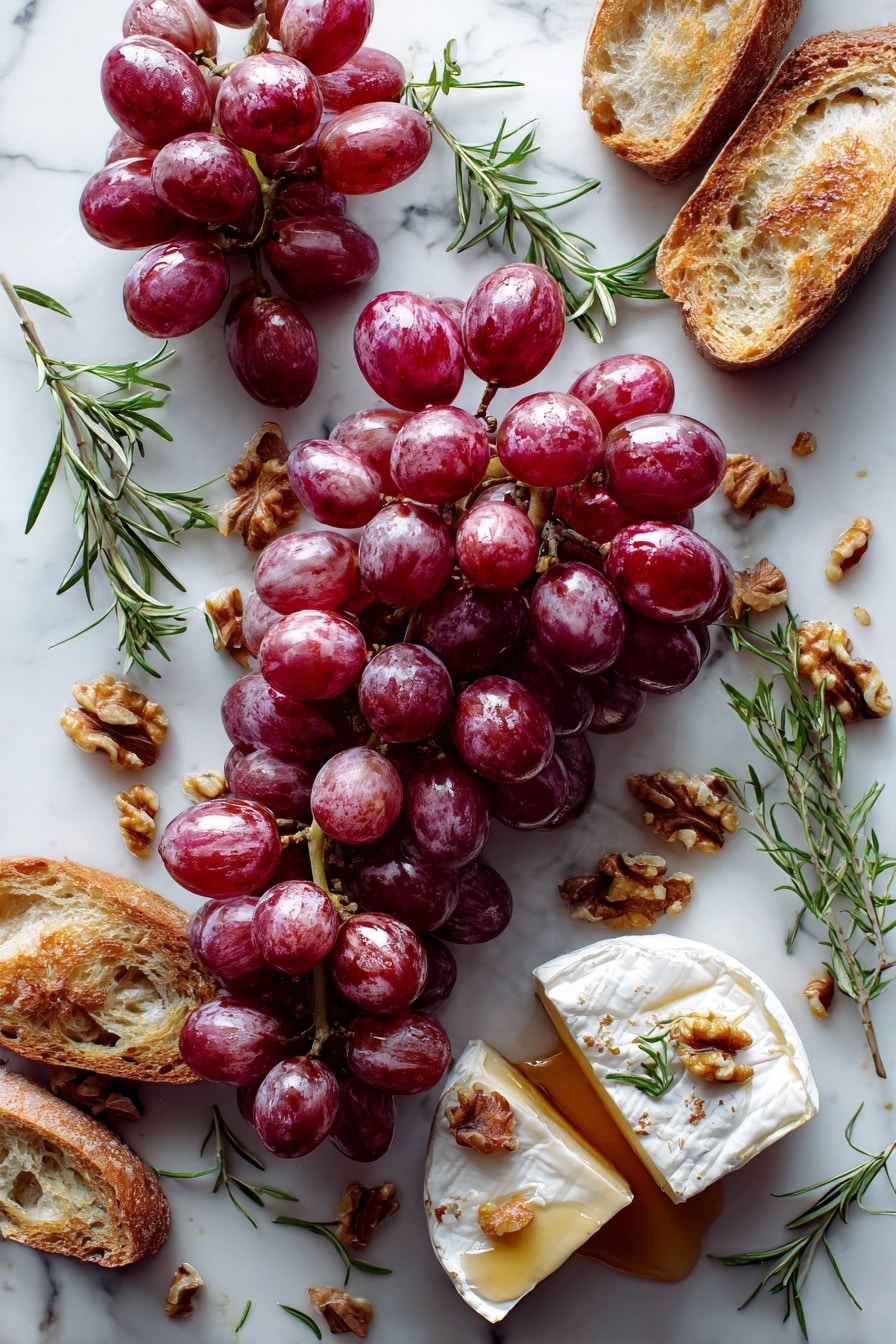 Flat lay of plump, shiny seedless red grapes with deep purple hues, creamy off-white slices of brie cheese with smooth, soft textures, rustic diagonal slices of golden brown French baguette, small clusters of chopped toasted walnuts with their rich, warm brown tones, delicate sprigs of fresh green rosemary, and glistening drizzles of amber honey catching the light, all naturally arranged with some grapes spilling gently around the cheese and bread, placed on white marbled surface, photo taken with an iphone --ar 2:3 --v 7 - Roasted Grape & Brie Crostini with Honey and Sea Salt, roasted grape crostini, brie appetizer, honey and sea salt crostini, elegant grape crostini