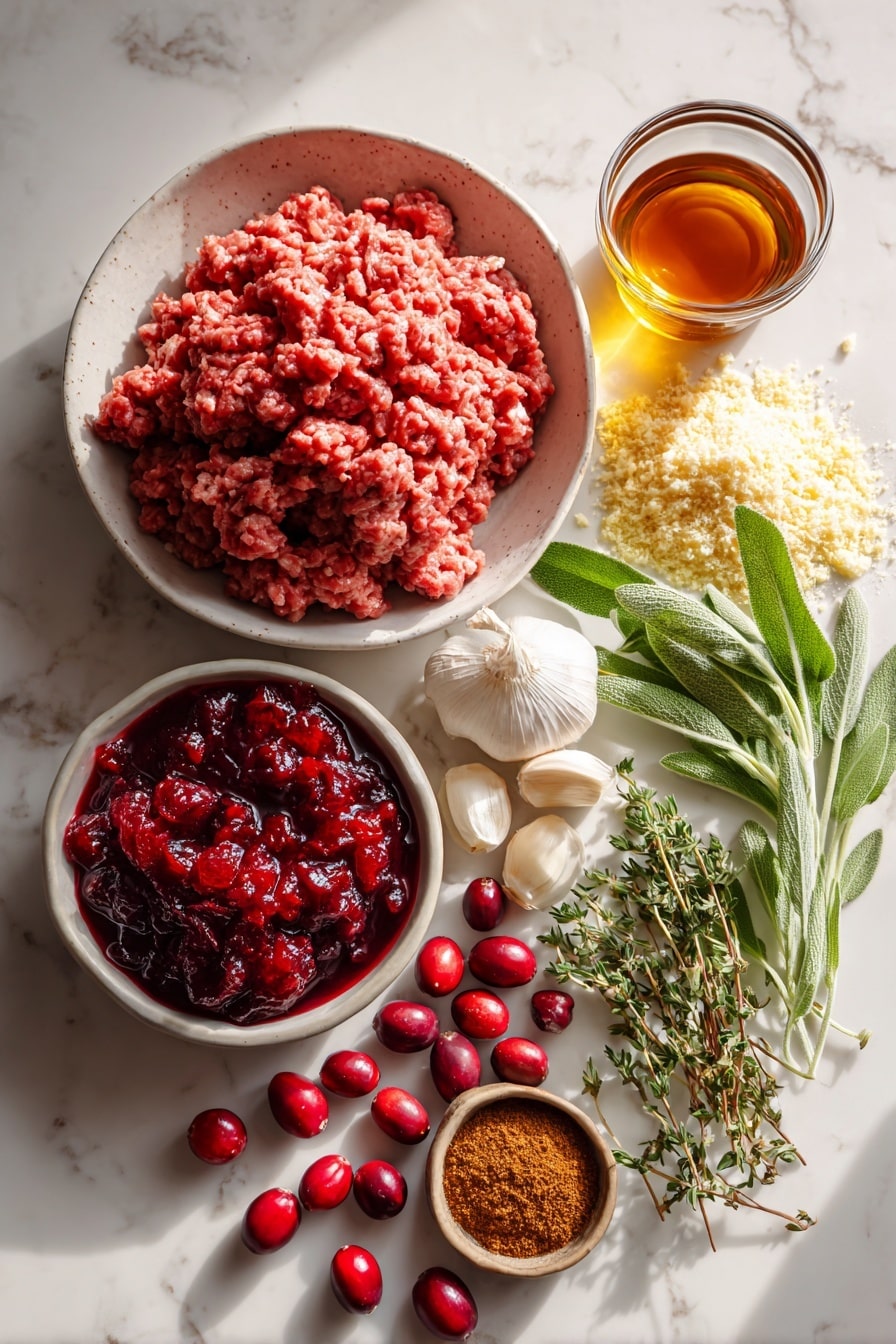 Flat lay of fresh ground turkey in a neat mound, glossy red fresh cranberries scattered beside homemade deep red cranberry sauce with a slightly chunky texture, a cluster of bright green fresh sage leaves, sprigs of dried thyme with delicate pale green leaves, golden panko breadcrumbs offering a light, crumbly texture, smooth white garlic cloves with a papery sheen, small mounds of warm brown ground cumin and allspice powders, and a small glass of amber apple cider vinegar, all beautifully arranged with natural spacing and soft shadows, placed on white marbled surface, photo taken with an iphone --ar 2:3 --v 7 - Slow Cooker Sweet & Spicy BBQ Cranberry Turkey Meatballs, cranberry turkey meatballs, easy slow cooker meatball recipe, holiday appetizer ideas, flavorful turkey meatballs