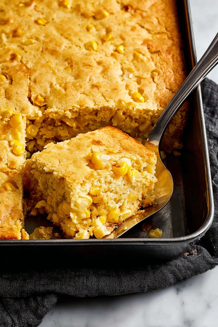 The image shows a rectangular black cast iron baking dish filled with a golden baked corn casserole. The top layer is slightly cracked and has a light golden-brown color with visible bits of corn mixed in, giving it a rough and slightly crumbly texture. A large spoon is lifting a scoop from the bottom left corner, revealing a thick and creamy inside with yellow and orange pieces of corn throughout. To the right, a small gray plate with chopped green chives sits on a white marbled surface. A gray cloth napkin is partially visible under the left side of the baking dish. photo taken with an iphone --ar 2:3 --v 7 - Cheesy Corn Casserole, cheesy corn casserole recipe, cheesy corn side dish, cheesy corn casserole with cheese, baked cheesy corn dish