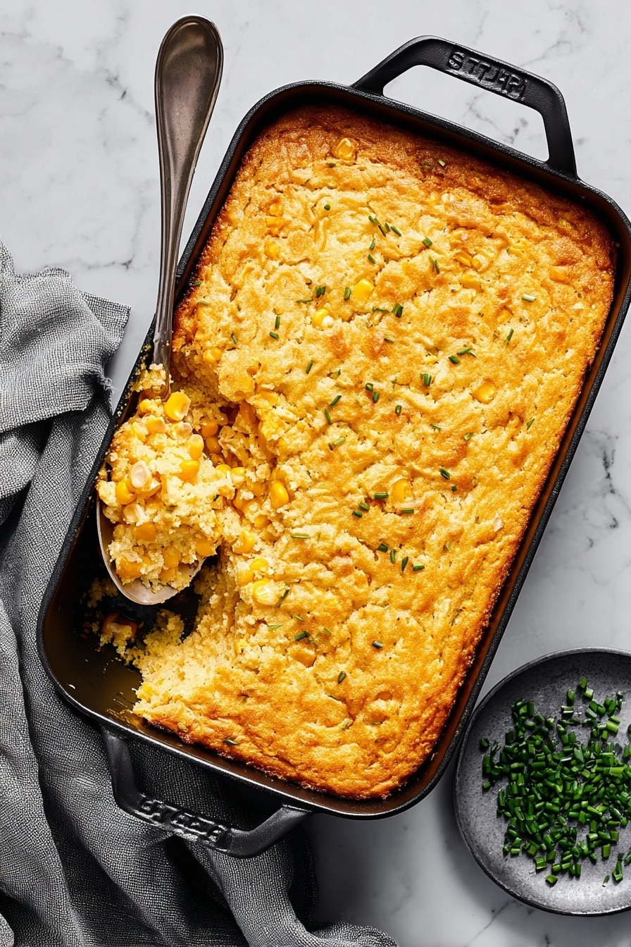 The image shows a square pan filled with a thick cornbread dish that has a golden-yellow top layer with visible corn kernels spread unevenly throughout. A large piece is scooped out with a silver spatula, revealing a moist inside with a soft, slightly crumbly texture and more pieces of corn embedded inside. The edges of the cornbread are slightly browned, and the pan rests on a dark cloth against a white marbled surface. The lighting highlights the texture and color contrasts of the cornbread photo taken with an iphone --ar 2:3 --v 7 - Cheesy Corn Casserole, cheesy corn casserole recipe, cheesy corn side dish, cheesy corn casserole with cheese, baked cheesy corn dish