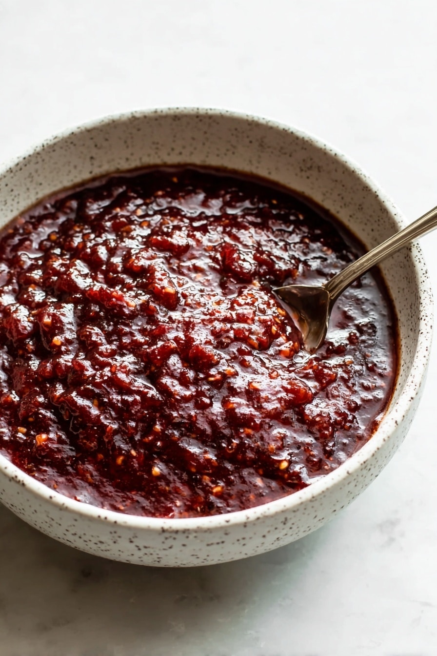 A close-up image of a white speckled bowl filled with a thick, dark red sauce that has a chunky texture with visible small pieces of fruit or vegetables mixed throughout. A silver spoon is partially dipped into the sauce on the right side of the bowl. The bowl is set on a white marbled surface. The sauce looks shiny and richly textured, suggesting it is a dense and hearty mixture photo taken with an iphone --ar 2:3 --v 7 - Cranberry Chutney with Figs and Spicy Jalapeño, Cranberry chutney, Fig and jalapeño relish, Spicy fruit chutney, Holiday fruit condiment