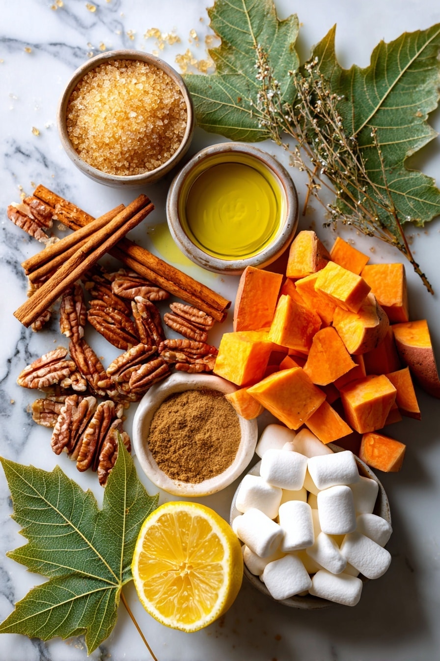 Flat lay of vibrant orange sweet potatoes cut into chunks, golden light brown sugar crystals, rich golden melted butter pools, warm brown cinnamon sticks and a small pile of ground cinnamon powder, chopped light brown pecans with rough textures, fluffy white mini marshmallows scattered gently, a bright yellow lemon sliced in half revealing juicy segments, and fresh green maple syrup leaves adding a pop of color, all beautifully arranged with natural spacing and soft shadows, placed on white marbled surface, photo taken with an iphone --ar 2:3 --v 7 - Sweet Potato Casserole with Marshmallows and Pecan Streusel, holiday sweet potato casserole, baked sweet potato side dish, marshmallow pecan casserole, festive sweet potato dessert