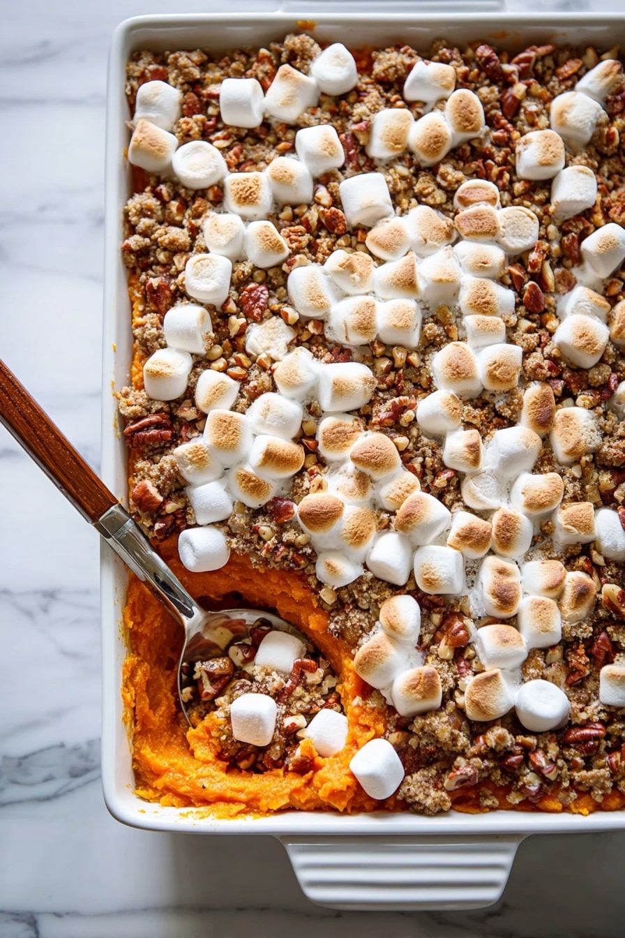 A white rectangular baking dish filled with a layered dessert, starting with an orange base mostly hidden under a middle layer of crumbled brown nuts and oats. Scattered across the top are turtle-colored pecan pieces mixed with small rounded white marshmallows that are toasted with light golden brown spots. The dish sits on a white marbled surface, showing the contrast between the soft marshmallows and the crunchy nuts. Photo taken with an iphone --ar 2:3 --v 7 - Sweet Potato Casserole with Marshmallows and Pecan Streusel, holiday sweet potato casserole, baked sweet potato side dish, marshmallow pecan casserole, festive sweet potato dessert