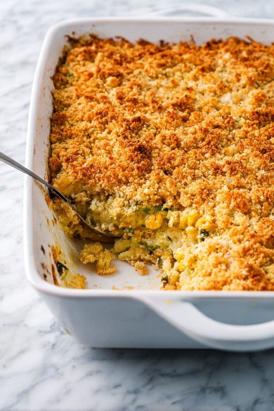 The image shows a rectangular white baking dish filled with a cooked casserole. The casserole has one visible layer topped with a golden-brown, crumbly texture that looks crispy. Small green flecks are scattered throughout the topping, suggesting herbs or vegetables mixed in. The edges of the topping are slightly darker and crispy. The dish is sitting on a white marbled surface that adds a clean and bright background to the photo taken with an iphone --ar 2:3 --v 7 - Cheesy Zucchini Bake with Gruyère and Parmesan, zucchini casserole with cheese, cheesy vegetable bake, easy zucchini recipes, baked zucchini with cheese