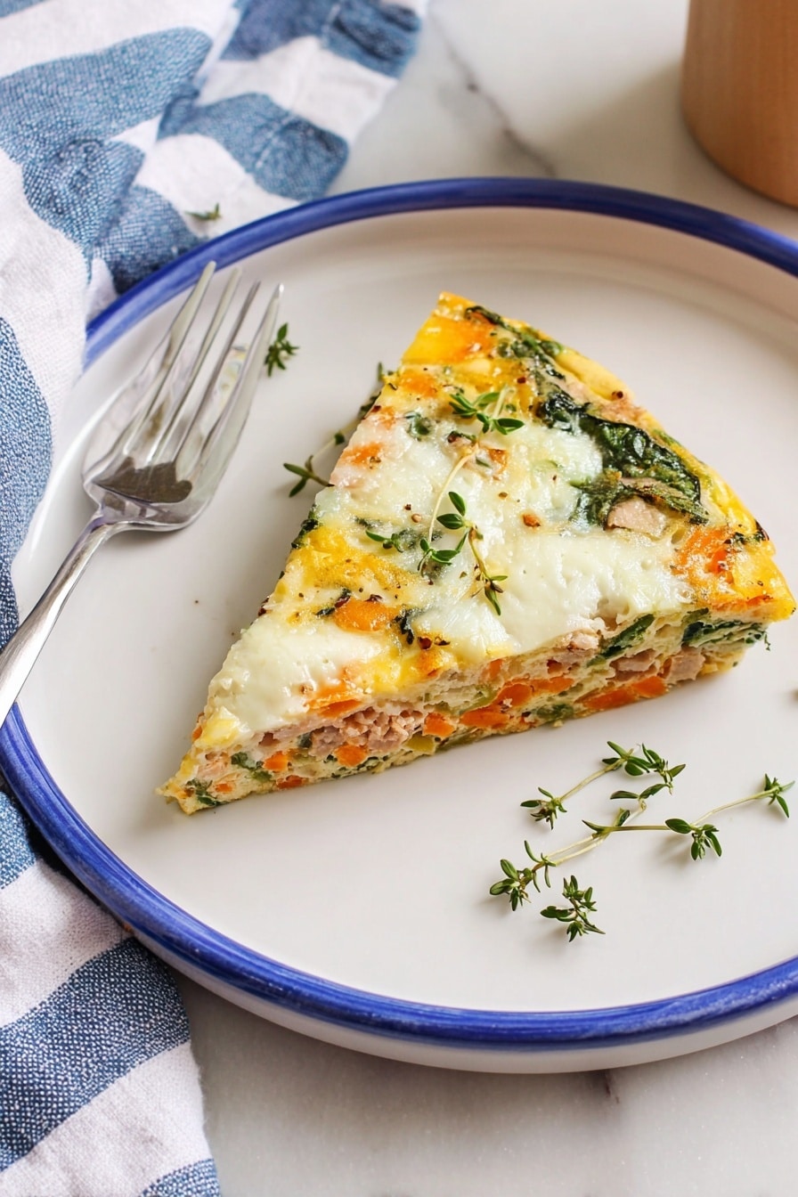 A black cast iron pan sits on a white marbled surface, holding a frittata cut into five slices, with one piece slightly pulled out. The frittata has three visible layers: a light golden egg base with small bits of orange carrots and green spinach leaves spread throughout, topped with melted white cheese and small sprigs of fresh green herbs. The edges are slightly browned, and the pan handle extends diagonally to the top right. Around the pan are a white bowl with salt, two silver forks on the bottom right, and a blue-striped cloth on the bottom left. Photo taken with an iphone --ar 2:3 --v 7 - Leftover Turkey Frittata, Turkey leftover breakfast ideas, easy turkey frittata recipe, brunch recipes with turkey, quick turkey leftovers dish