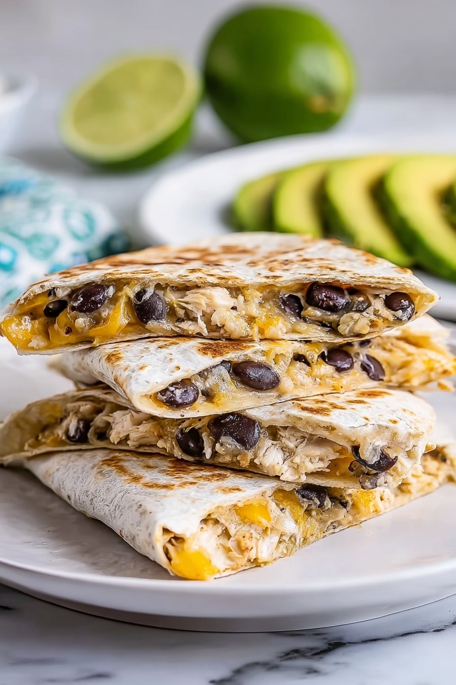 A white plate holds a stack of three triangular folded quesadillas, each cut showing two layers: a light brown toasted tortilla on the top and bottom, with melted yellow cheese and black beans inside, along with some shredded white chicken mixed in. The tortillas have an even grilled texture with small brown spots, and the filling looks warm and slightly melted, with the black beans scattered throughout the cheese layer. The background shows a white marbled texture with blurred elements including a lime slice on the left and another white plate with green avocado slices behind. Photo taken with an iphone --ar 2:3 --v 7 - Leftover Turkey and Black Bean Quesadillas, turkey leftover recipes, easy quesadilla recipes, quick dinner ideas, Thanksgiving leftovers ideas