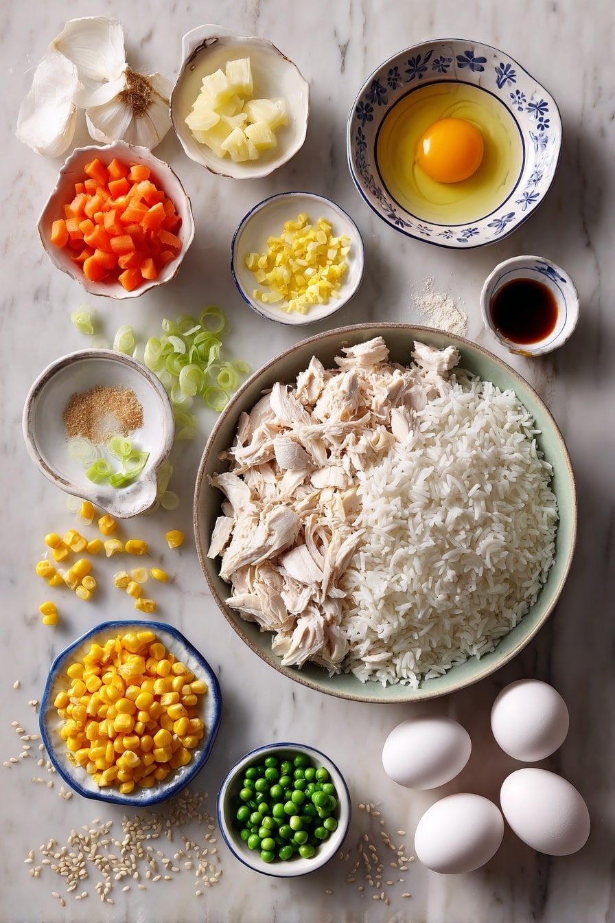 Flat lay of a large bowl of cooked white rice, a generous pile of chopped leftover turkey pieces, a small diced yellow onion, three garlic cloves peeled and minced, a small mound of mixed frozen peas, carrots, and corn, a few sliced green onions scattered nearby, three whole large eggs cracked open with some whisked, a pat of butter, small dishes of soy sauce and sesame oil, all arranged artfully with toasted sesame seeds sprinkled around, placed on a white marble surface, photo taken with an iphone --ar 2:3 --v 7 - Leftover Turkey Fried Rice, easy turkey fried rice recipe, quick weeknight dinner, holiday leftovers ideas, flavorful fried rice with turkey