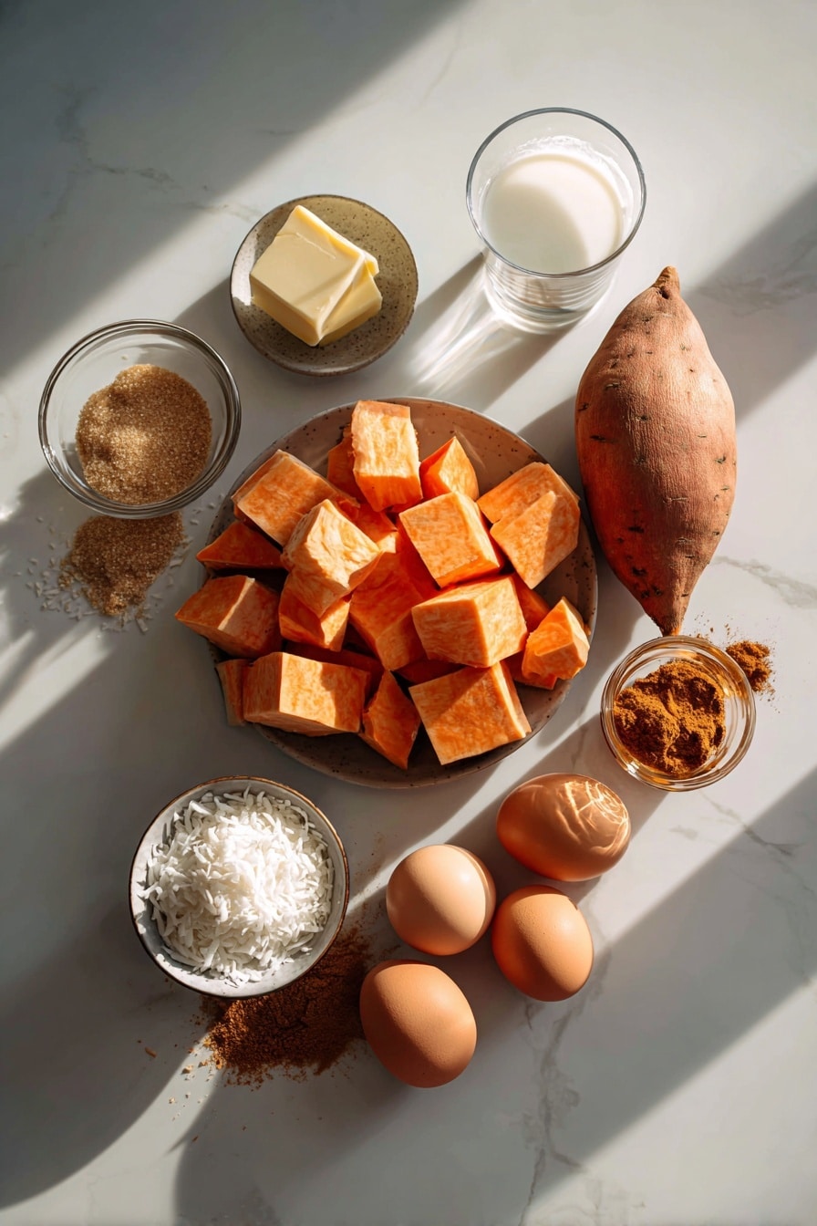 Flat lay of two large peeled sweet potatoes cut into chunks, a mound of light brown sugar, a small heap of ground cinnamon, a scattering of allspice, a square of unsalted butter, a small bowl of evaporated milk, three brown eggs, a small glass of bourbon, and a handful of unsweetened coconut flakes beautifully arranged with warm natural light and soft shadows, placed on a white marble surface, photo taken with an iphone --ar 2:3 --v 7 - Sweet Potato Pie with Spiced Filling and Fluffy Whipped Cream, fall dessert recipes, cozy pumpkin pie alternative, easy sweet potato pie, festive holiday desserts