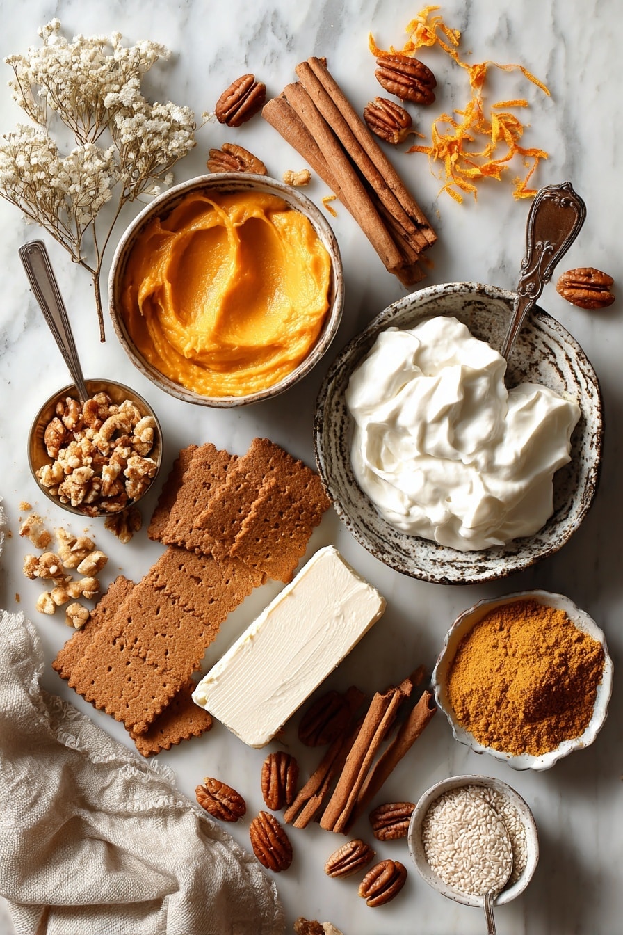 Flat lay of smooth cream cheese blocks, vibrant orange pumpkin puree dollops, whole gingersnap cookies and crushed crumbs, whole pecans scattered with toasted shine, cinnamon sticks, bright orange zest curls, golden brown pumpkin pie spice powder piles, and a spoonful of thick Greek yogurt, all beautifully arranged and placed on a white marble surface, photo taken with an iphone --ar 2:3 --v 7 - Mini Pumpkin Cheesecakes, Pumpkin Cheesecake Bites, Fall Dessert Recipes, No-Bake Pumpkin Cheesecake, Easy Pumpkin Cheesecake