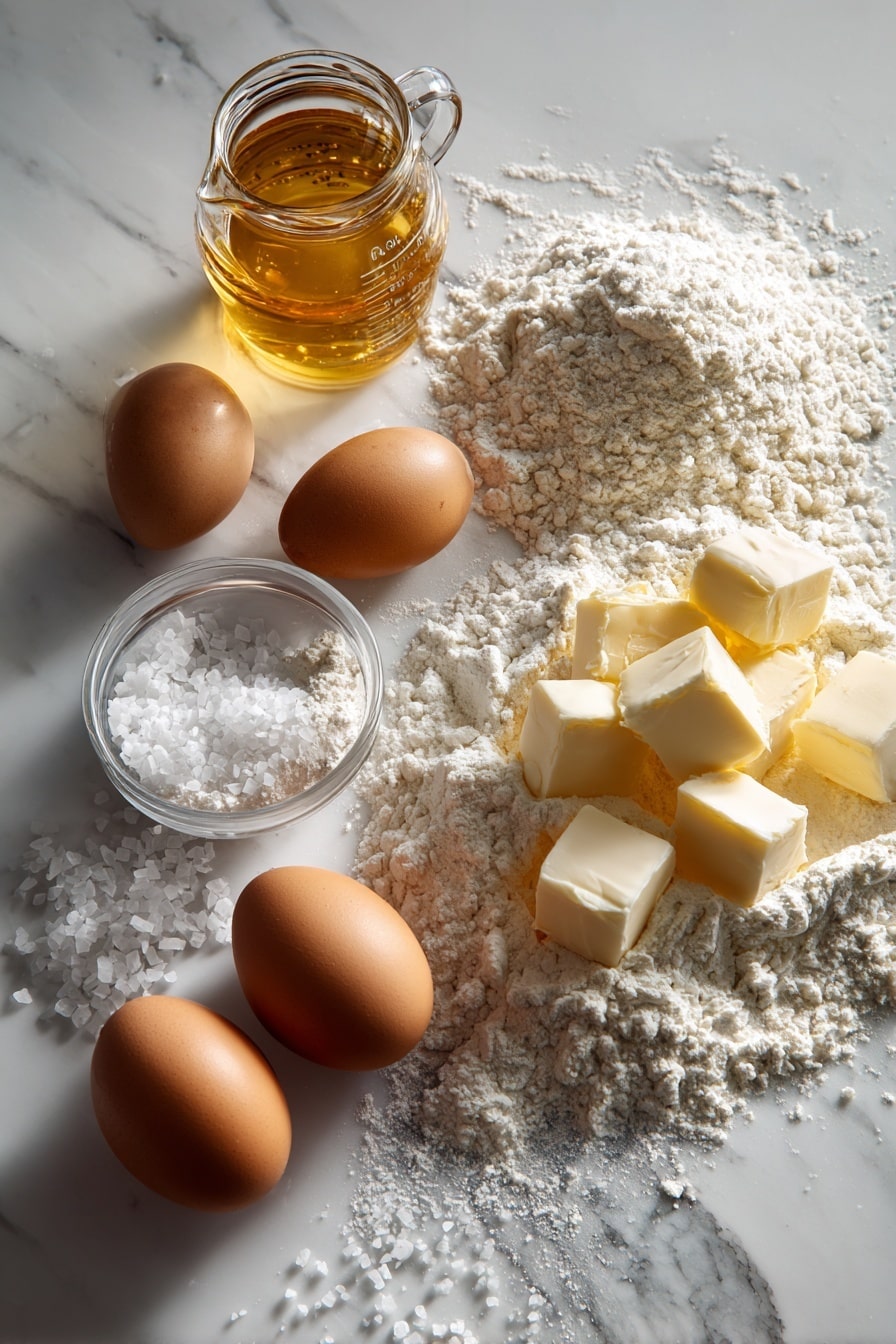 Flat lay of golden honey dripping from a small glass jar, a clear measuring cup filled with warm water, soft cubes of pale unsalted butter, two whole large brown eggs, a heap of fine white flour, a small mound of instant yeast granules, and a sprinkle of flaky salt crystals scattered delicately, all beautifully arranged on a white marble surface, photo taken with an iphone --ar 2:3 --v 7 - Homemade Honey Dinner Rolls, Fluffy Honey Dinner Rolls, Soft Dinner Rolls with Honey, Easy Honey Dinner Roll Recipe, Delicious Honey Dinner Rolls