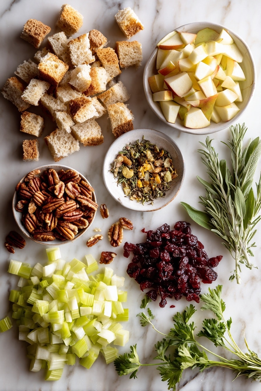 Flat lay of rustic whole grain bread cubes, toasted pecans, diced yellow onions, chopped celery, fresh sage leaves, thyme sprigs, medium diced crisp apple with peel on, dried cranberries, and fresh parsley sprigs beautifully arranged and spaced evenly, placed on a white marble surface, photo taken with an iphone --ar 2:3 --v 7 - Crock Pot Apple Cranberry Stuffing with Nuts, holiday stuffing recipes, slow cooker stuffing, fall side dishes, easy Thanksgiving stuffing