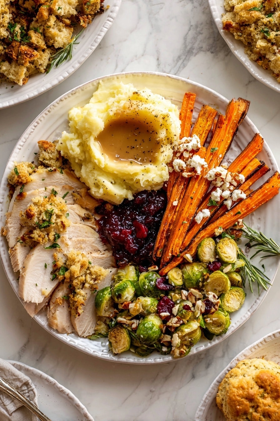 A white patterned oval plate holds several slices of roasted chicken arranged in two main curved rows, showing a golden brown, crispy skin on top and tender, juicy white meat underneath. The slices are laid neatly, with the top row slightly overlapping the bottom row. On the left and right sides of the chicken are three sprigs of fresh green rosemary and thyme, adding a touch of natural color contrast. The plate sits on a white marbled surface, and in the top right corner, there is a white bowl filled with brown gravy. The overall look is warm and inviting, emphasizing the texture and color of the roasted chicken and fresh herbs. Photo taken with an iphone --ar 2:3 --v 7 - Roasted Turkey Breast with Herb Butter and Rich Gravy, turkey breast with herb butter, roasted turkey recipe, turkey with homemade gravy, holiday turkey dinner