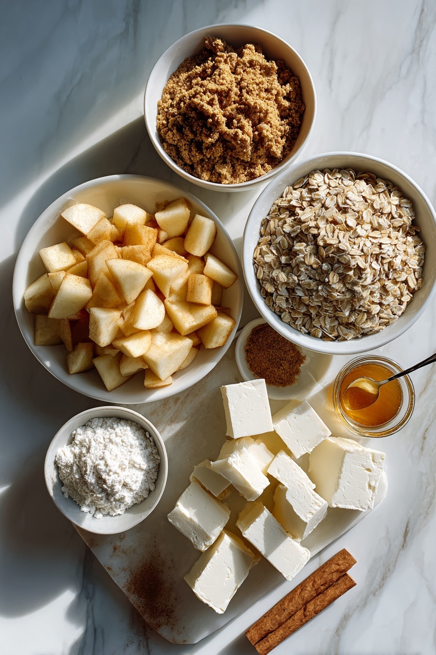 Flat lay of peeled and finely chopped tart apples dusted with ground cinnamon and nutmeg, soft cream cheese blocks, packed brown sugar, quick-cooking oats, small cubes of cold butter, a drizzle of golden caramel ice cream topping, and a touch of vanilla bean pods, all beautifully arranged with natural lighting and soft shadows placed on a white marble surface, photo taken with an iphone --ar 2:3 --v 7 - Apple Caramel Cheesecake Bars, apple caramel dessert, fall cheesecake bars, easy cheesecake bar recipe, apple caramel treat