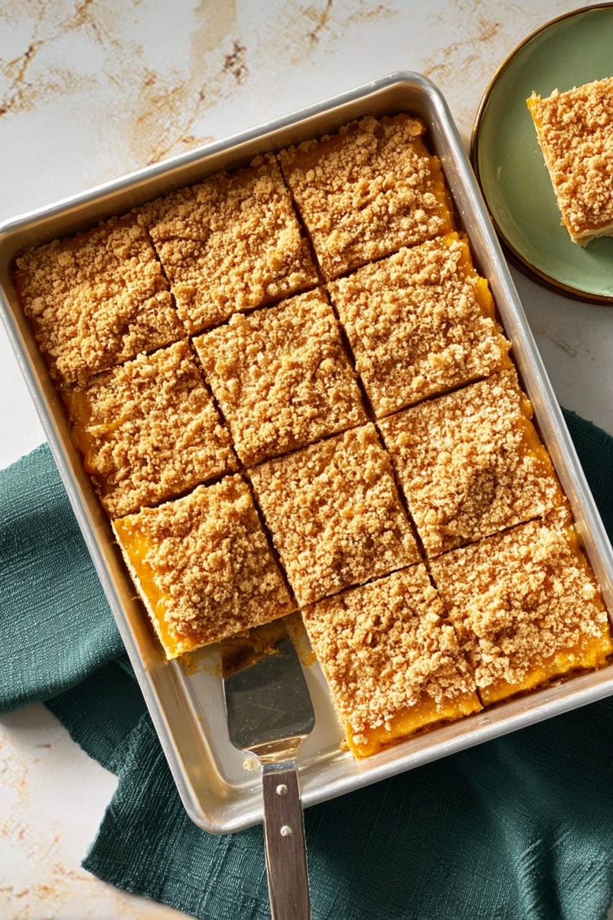 A square piece of dessert on a white plate with small dark speckles is shown. The dessert has three main layers: the bottom layer is a light brown crust that looks firm and crumbly, the middle layer is a creamy off-white filling, and the top layer is a golden-brown crumb topping with a slightly shiny drizzle that appears sticky and textured. In the background, a second square piece, slightly out of focus, sits on another white speckled plate. All this is set on a white marbled surface. photo taken with an iphone --ar 2:3 --v 7 - Apple Caramel Cheesecake Bars, apple caramel dessert, fall cheesecake bars, easy cheesecake bar recipe, apple caramel treat