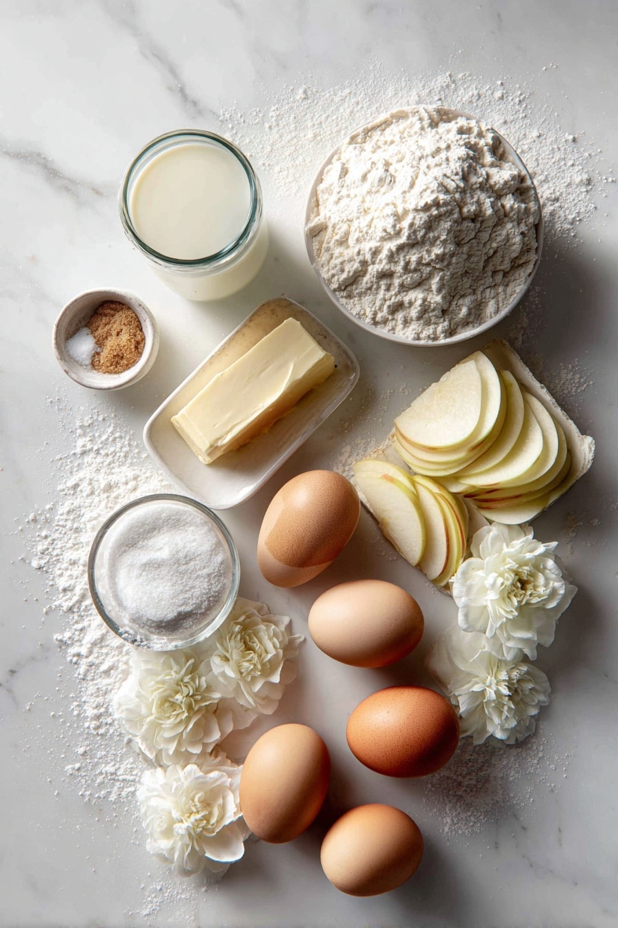Flat lay of peeled and thinly sliced tart baking apples, large brown eggs with smooth shells, a small pile of fine all-purpose flour, a stick of creamy yellow butter, a small bowl of white granulated sugar, a pinch of ground nutmeg powder, a glass of 2% milk with a slight creamy texture, and a dusting of white confectioners' sugar scattered lightly around, all beautifully arranged on a white marble surface, photo taken with an iphone --ar 2:3 --v 7 - German Apple Pancake, German Apple Pancake Recipe, easy apple pancake, fluffy apple pancake, breakfast with apple pancakes