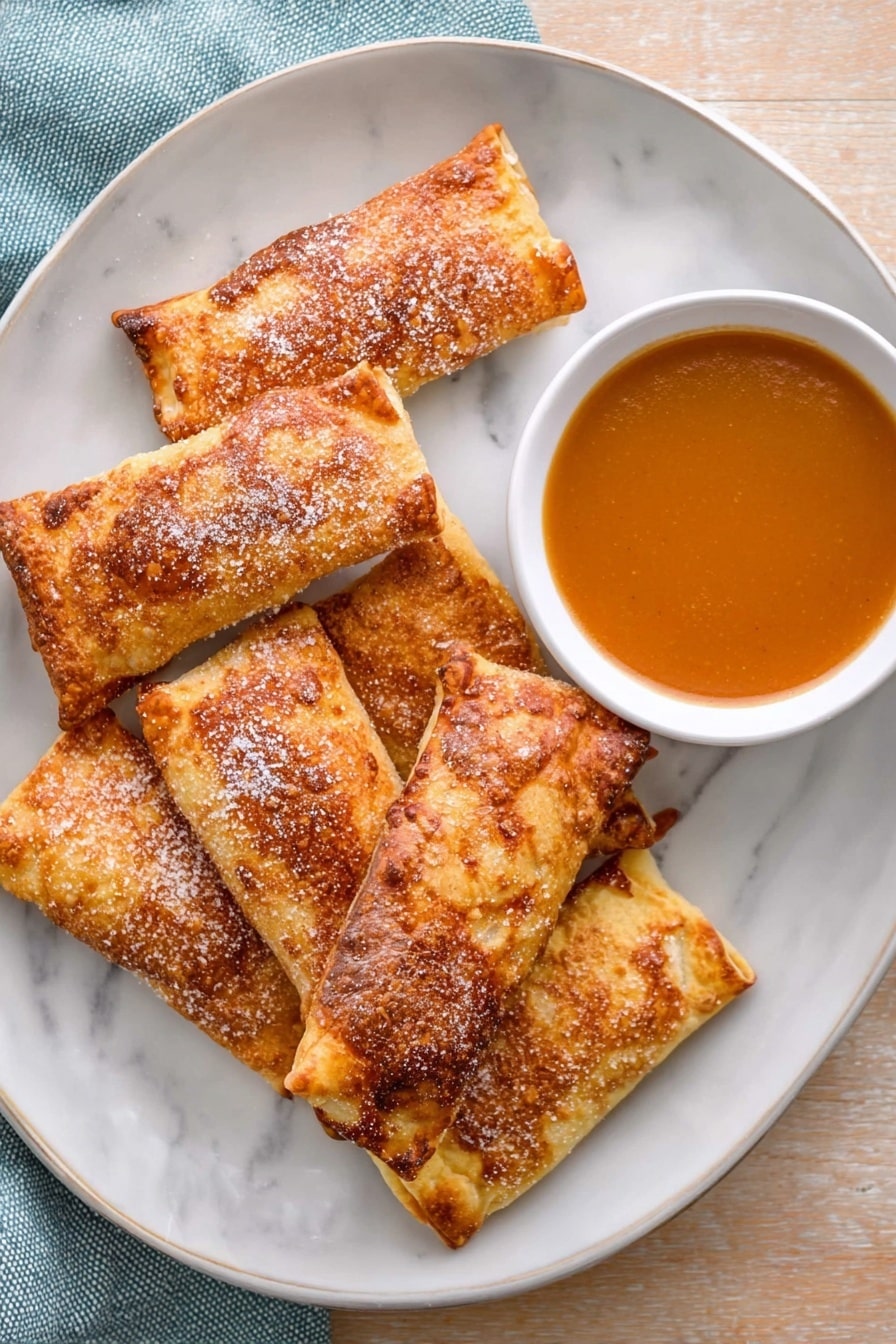 Six golden-brown fried rectangular pastries are stacked unevenly on a white plate with a blue interior. Each pastry is sprinkled with a light dusting of cinnamon sugar, giving a slightly grainy texture on top. The pastries have a crispy, bubbly, and slightly browned surface with some darker spots around the edges, showing where they are cooked more. The plate sits on a white marbled texture background. A white bowl partially filled with a smooth, light brown sauce is visible at the bottom left corner, adding contrast to the scene. Photo taken with an iphone --ar 2:3 --v 7 - Apple Pie Egg Rolls with Caramel Sauce, apple pie egg roll recipe, caramel apple dessert, easy apple egg rolls, crispy apple spring rolls