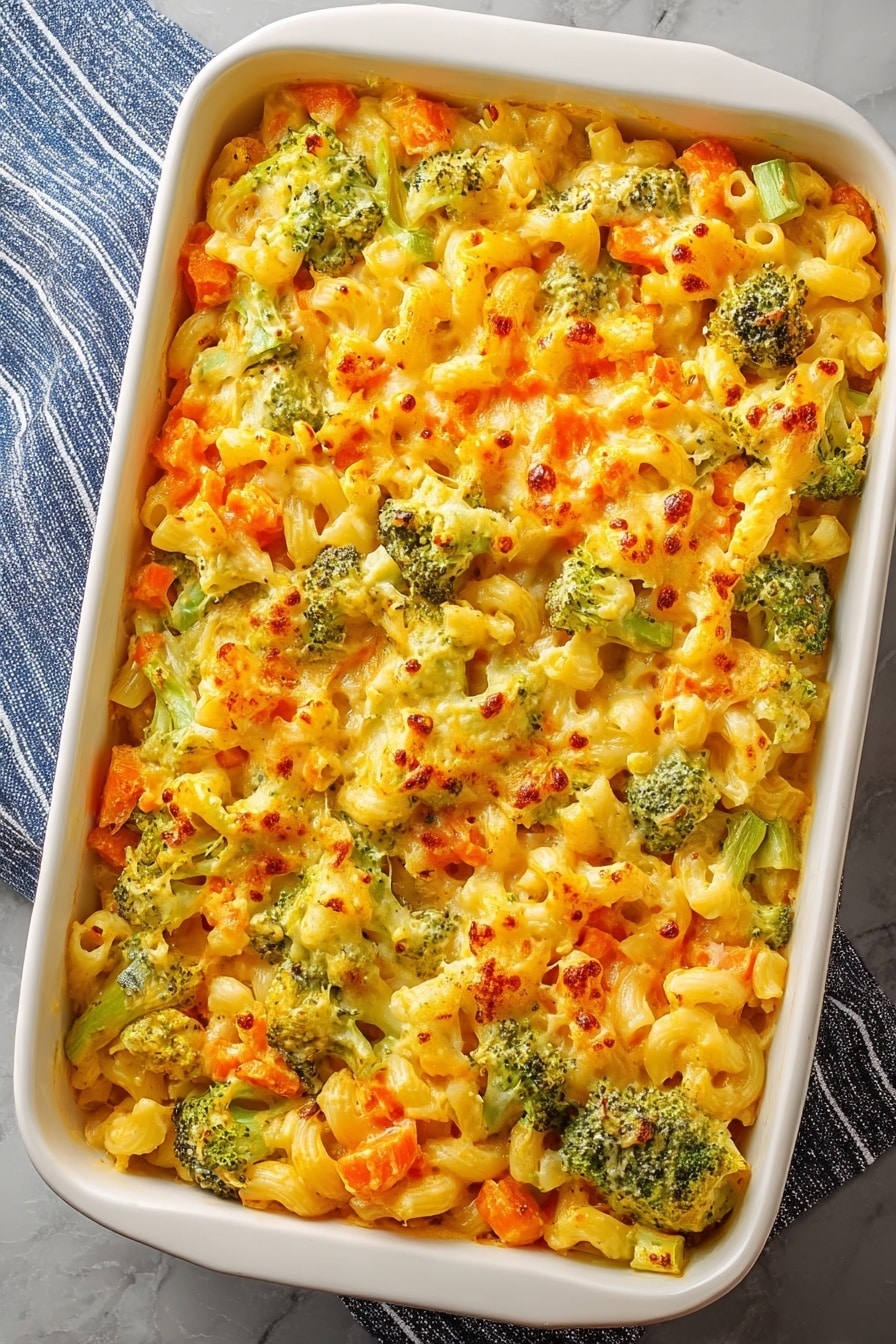 A white rectangular baking dish filled with a creamy macaroni and cheese casserole mixed with vibrant pieces of green broccoli, orange carrots, and light green celery. The dish shows a top layer of melted, lightly browned cheese with a slightly bubbly texture, scattered with small brown spots from baking. The elbow macaroni is creamy yellow, interspersed with soft vegetables that add color and texture, all sitting on a white marbled surface with a blue and white striped cloth partially under the dish. photo taken with an iphone --ar 2:3 --v 7 - Veggie Mac and Cheese, healthy veggie mac and cheese, cheesy vegetable pasta, family favorite mac and cheese, easy baked veggie pasta