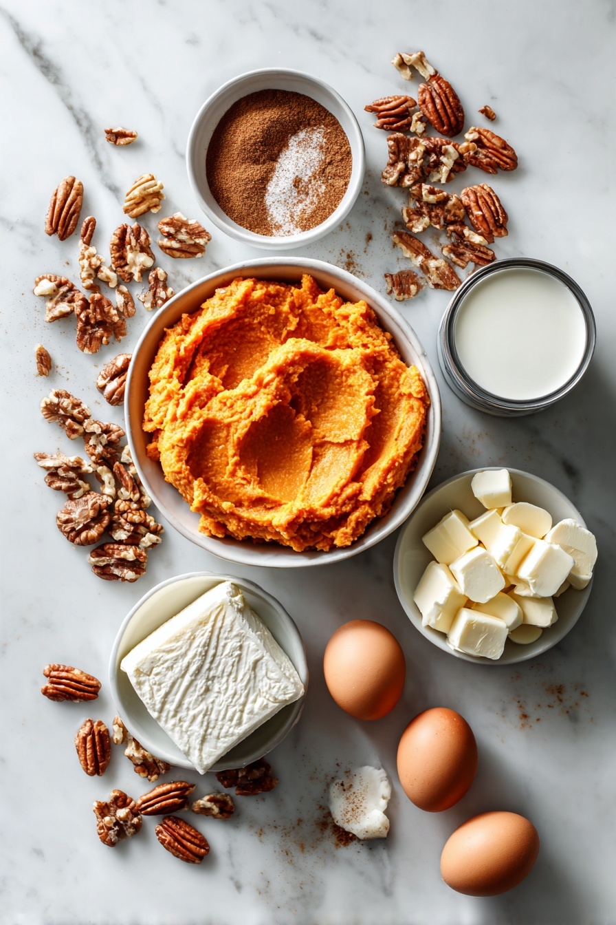 Flat lay of vibrant orange cooked and mashed sweet potatoes, soft cream cheese block, whole raw eggs, golden toasted pecans, warm brown pumpkin pie spice, cold cubed butter, and a partly opened can of sweetened condensed milk, all beautifully arranged in an inviting composition placed on a white marble surface, photo taken with an iphone --ar 2:3 --v 7 - Sweet Potato Cheesecake Brownies, sweet potato dessert, cheesecake brownies, fudgy sweet potato brownies, easy sweet potato recipes