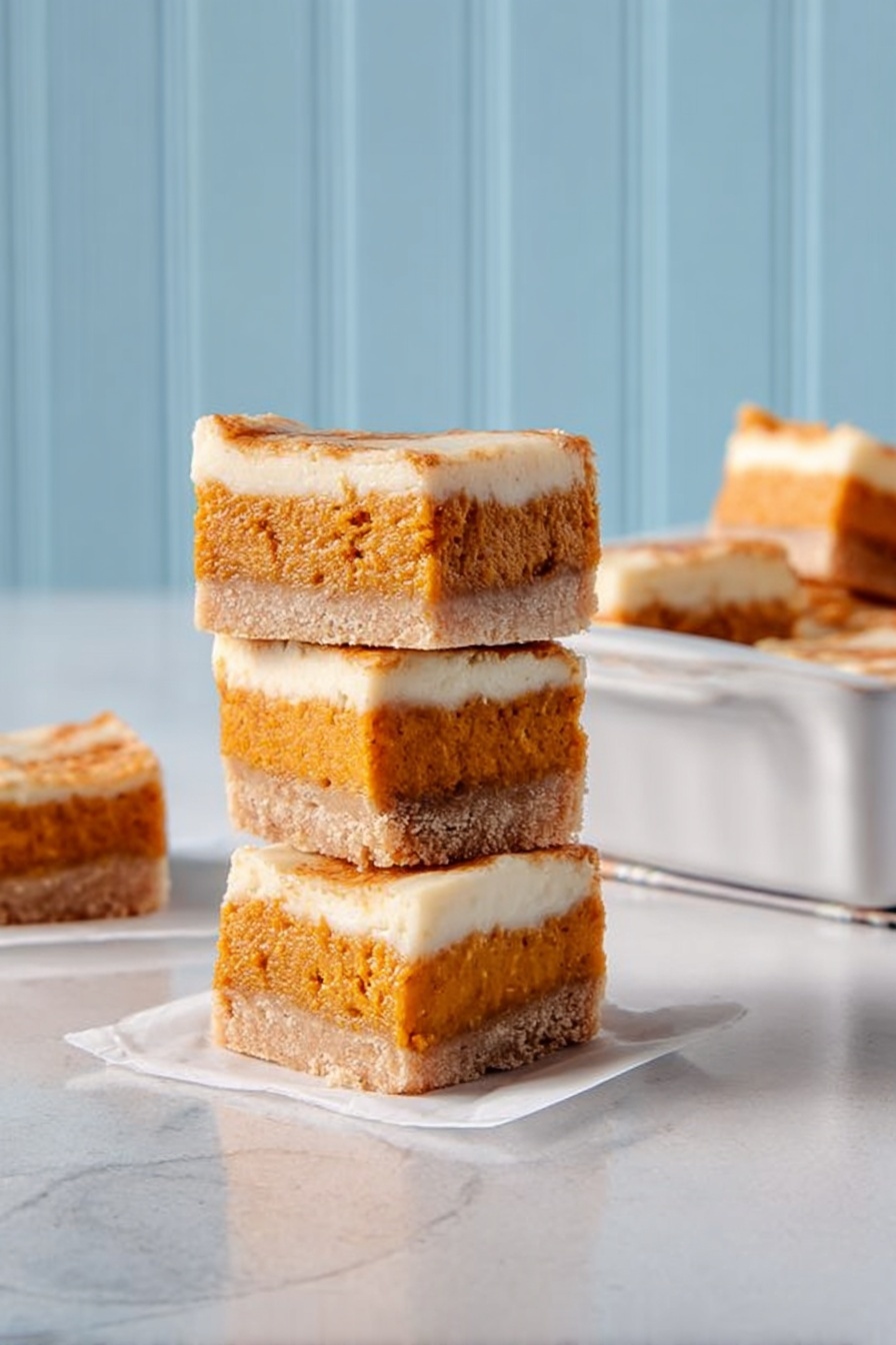 The image shows a white rectangular baking dish filled with square pieces of a dessert that has three clear layers. The bottom layer is a light brown crust with a crumbly texture. The middle layer is a soft orange color, looking moist and dense. The top layer is creamy white with smooth, swirled patterns of orange running through it. One square piece is lifted slightly above the dish, revealing all three layers clearly. The dish sits on a white marbled surface. photo taken with an iphone --ar 2:3 --v 7 - Sweet Potato Cheesecake Brownies, sweet potato dessert, cheesecake brownies, fudgy sweet potato brownies, easy sweet potato recipes