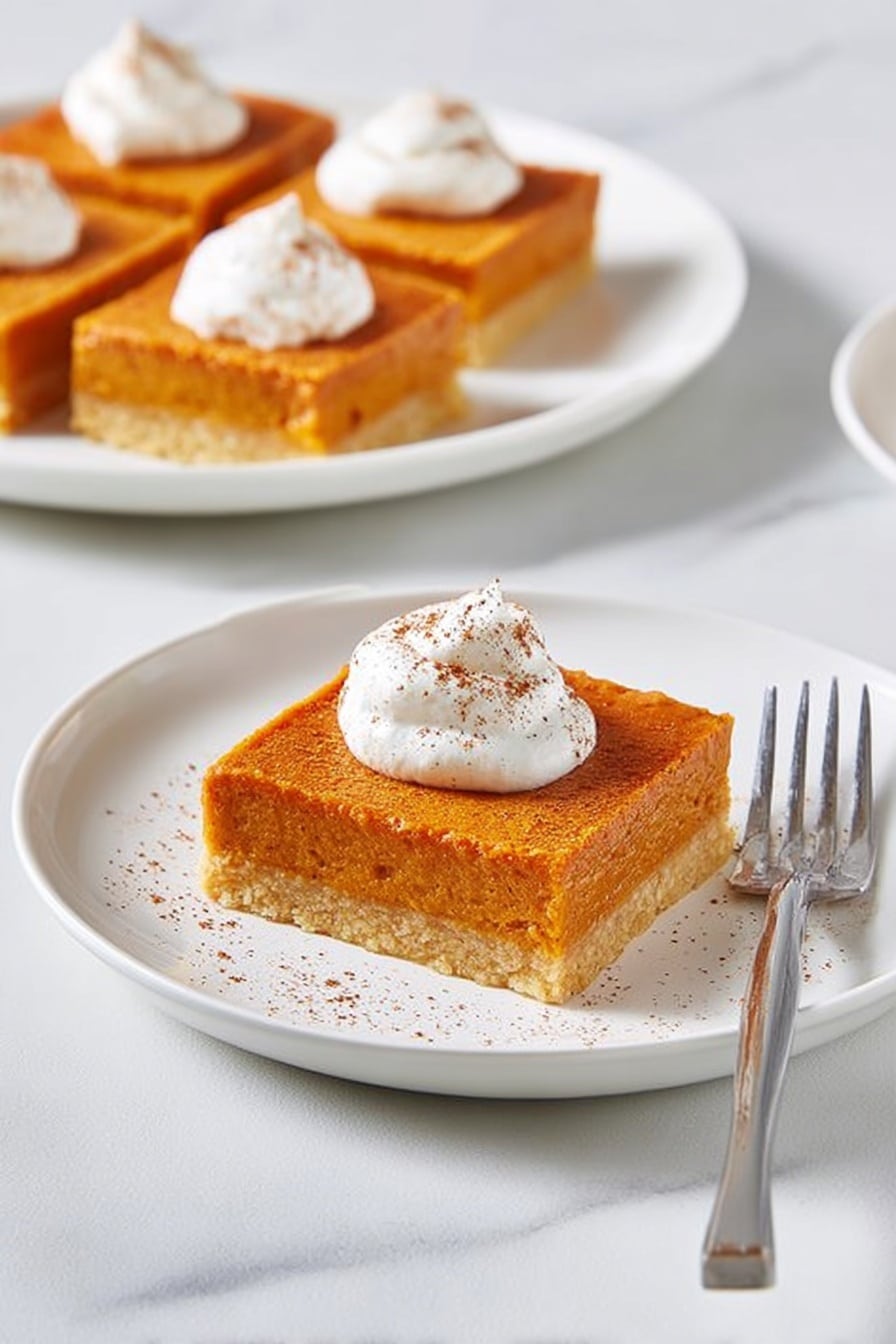 The image shows eight square orange cake pieces arranged on a white oval plate, each topped with a dollop of white cream and a light dusting of brown spice. To the right of the plate, there is a square baking pan with two square cake pieces inside and three more pieces partially visible, all with the same orange color and rough texture. Above the pan, a small round white bowl contains brown spice. Below the pan, a clear glass bowl holds smooth white cream with a spoon inside. The background is a white marbled surface. photo taken with an iphone --ar 2:3 --v 7 - Pumpkin Shortbread Bars, Pumpkin Bars with Shortbread Crust, Fall Pumpkin Dessert, Pumpkin Pie Bars, Easy Pumpkin Dessert Recipes