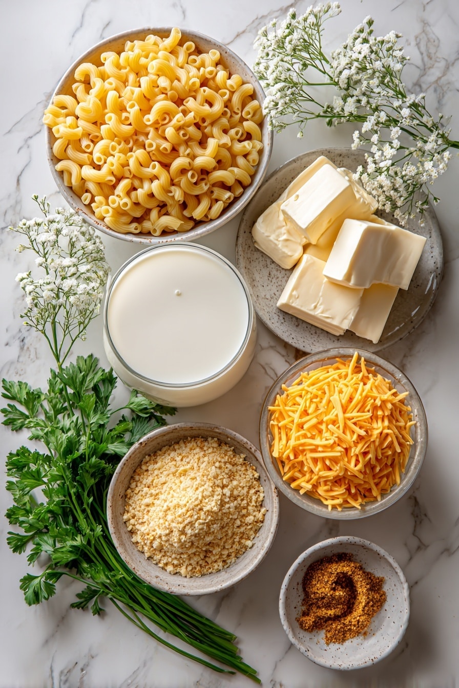 Flat lay of uncooked elbow macaroni, cubed cream cheese, shredded cheddar cheese piled softly, a small mound of dry bread crumbs, fresh minced parsley sprigs, whole butter sticks, a small bowl of spicy brown mustard dollop, and a glass of whole milk, all beautifully arranged in a natural, colorful composition, placed on a white marble surface, photo taken with an iphone --ar 2:3 --v 7 - Cream Cheese Mac and Cheese Casserole, cheesy baked mac and cheese, creamy pasta casserole, easy comfort food recipes, baked macaroni and cheese